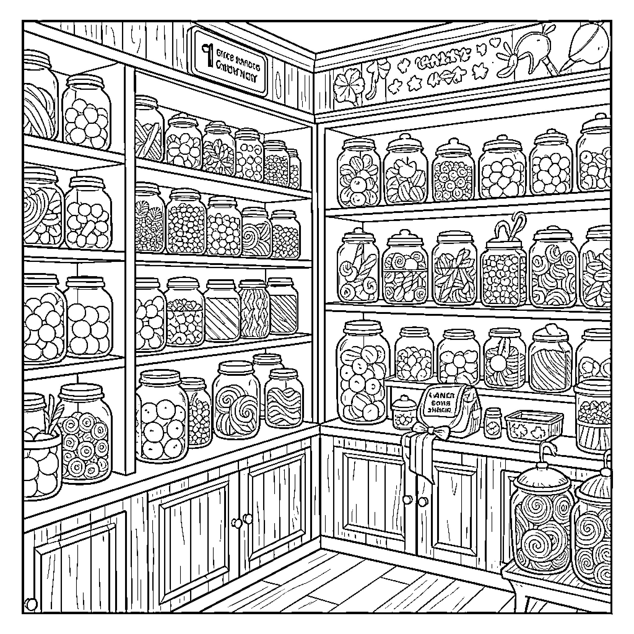 Candy Shop shelves filled with many glass jars Coloring Page (free black-and-white line drawing printable PDF for all, from beginners to advanced learners, including children, teens, adults, and seniors)