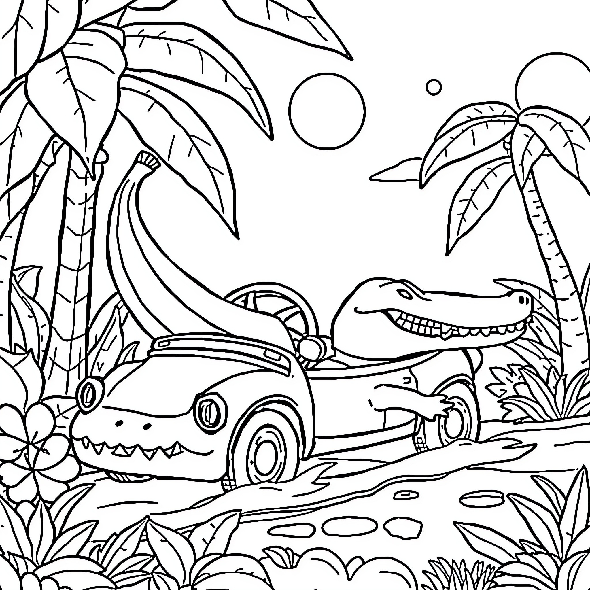 Banana car cruising through tropical jungle Coloring Page (free black-and-white line drawing printable PDF for all, from beginners to advanced learners, including children, teens, adults, and seniors)