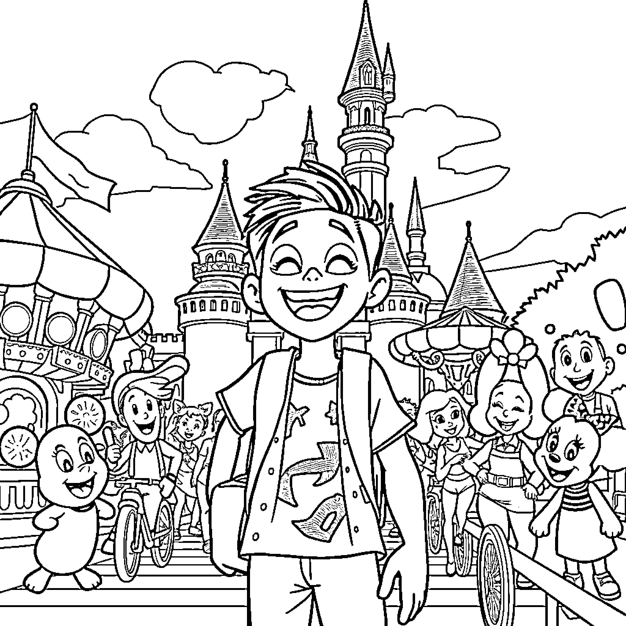 Miles Morales explores the magical Disneyland Coloring Page (free black-and-white line drawing printable PDF for all, from beginners to advanced learners, including children, teens, adults, and seniors)