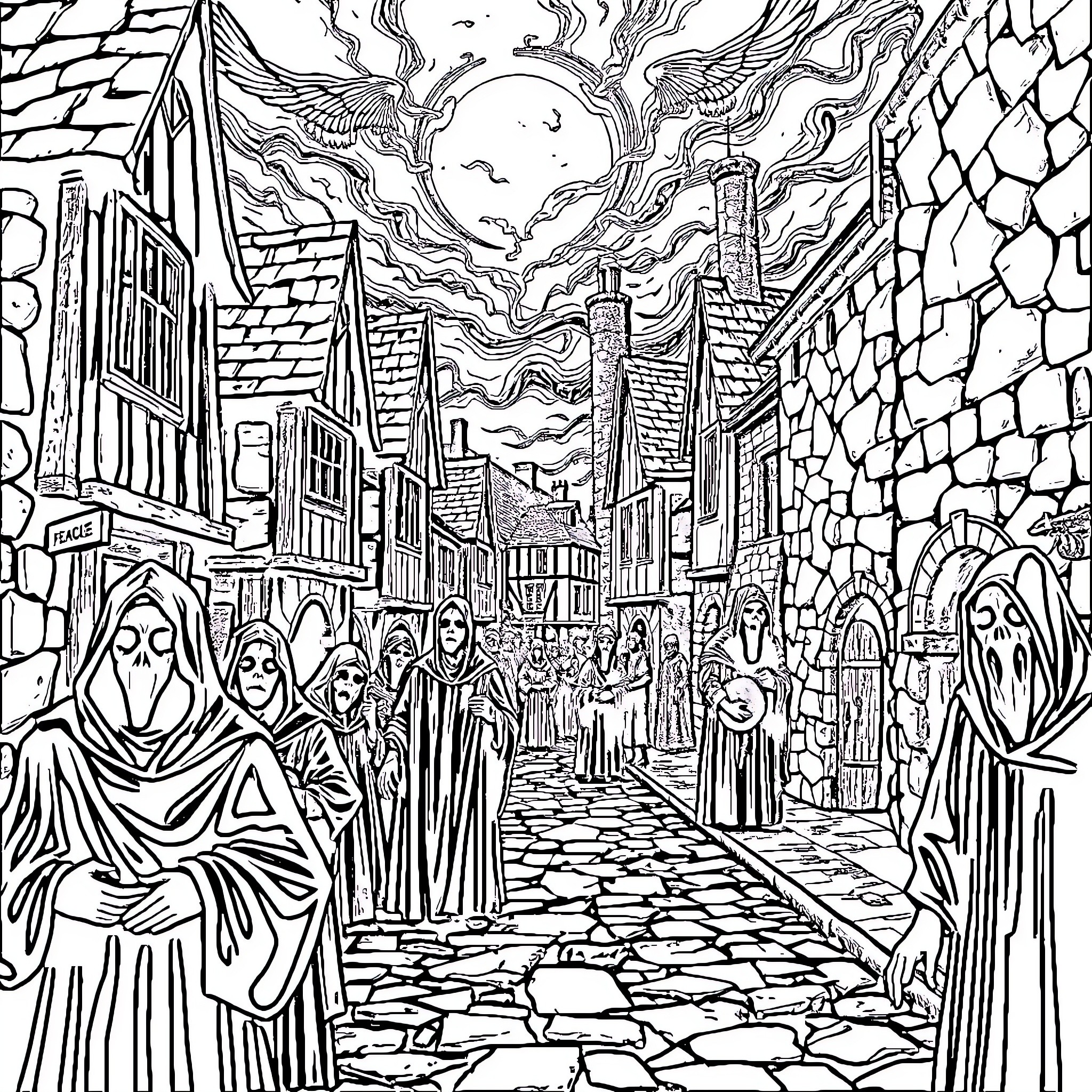 Plague of Haunting Figures in Eerie Cityscape Coloring Page (free black-and-white line drawing printable PDF for all, from beginners to advanced learners, including children, teens, adults, and seniors)
