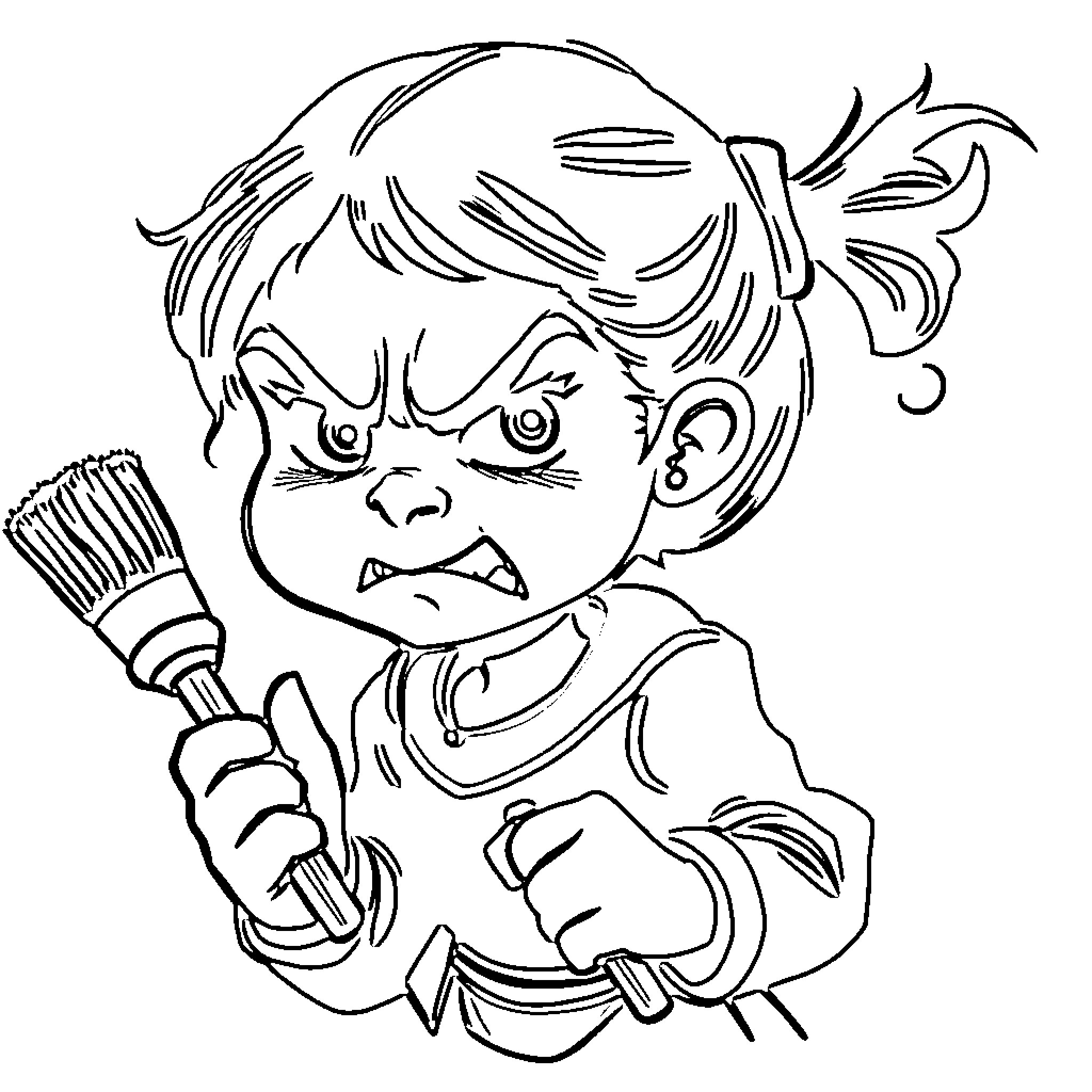 Girl Scrubbing Vigorously with Cleaning Brush Coloring Page (free black-and-white line drawing printable PDF for all, from beginners to advanced learners, including children, teens, adults, and seniors)