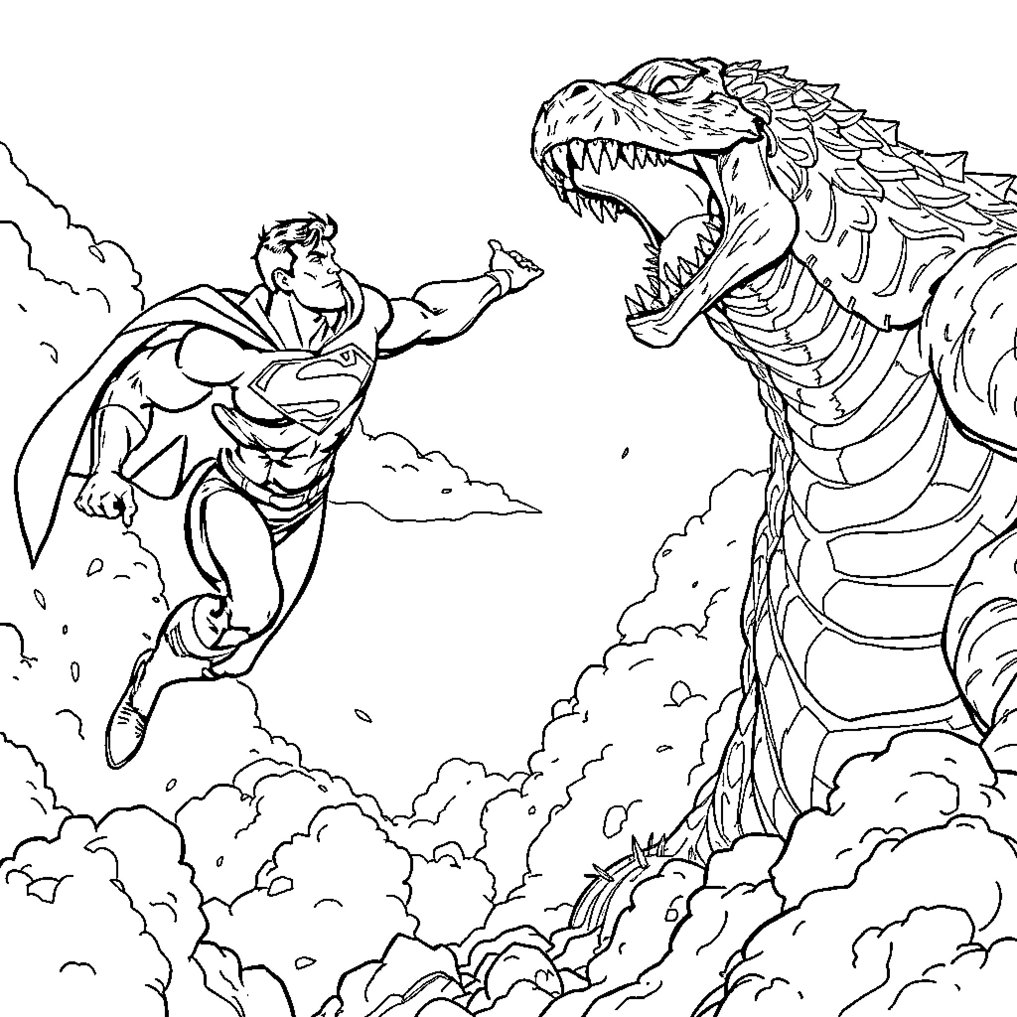 Superman facing off against a ferocious monster Coloring Page (free black-and-white line drawing printable PDF for all, from beginners to advanced learners, including children, teens, adults, and seniors)