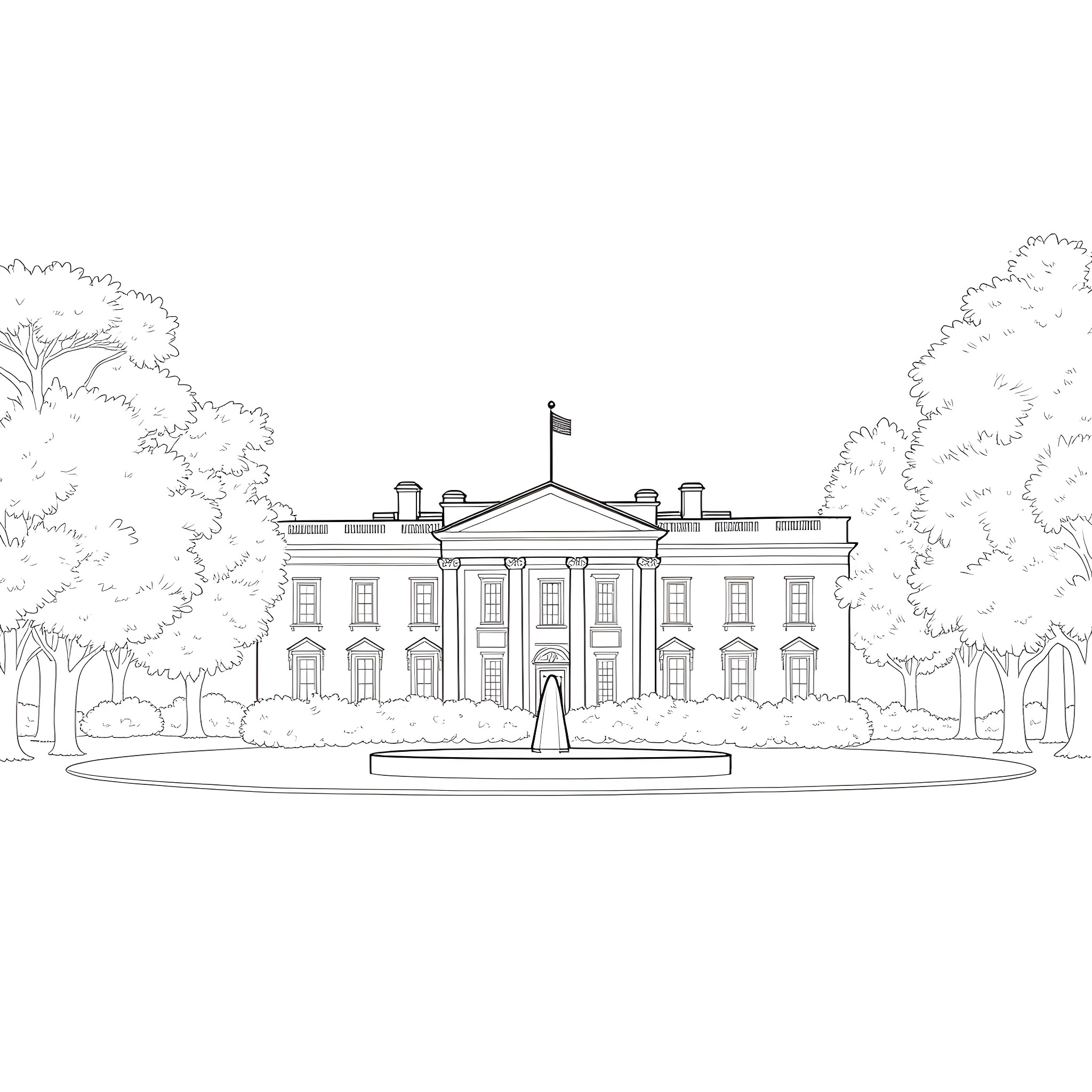 White House with trees and fountain in the foreground Coloring Page (free black-and-white line drawing printable PDF for all, from beginners to advanced learners, including children, teens, adults, and seniors)