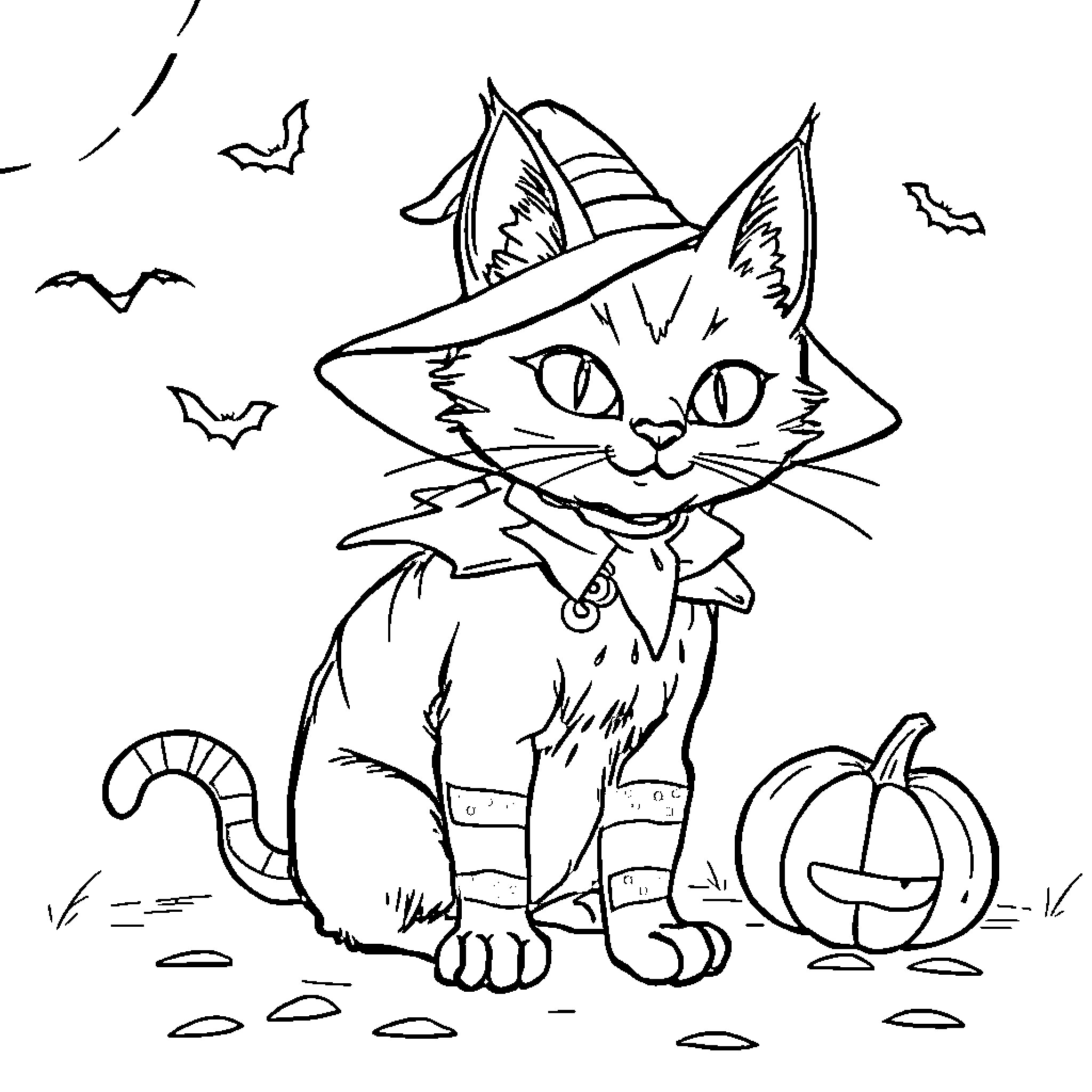 Cat in Halloween costume with pumpkin Coloring Page (free black-and-white line drawing printable PDF for all, from beginners to advanced learners, including children, teens, adults, and seniors)