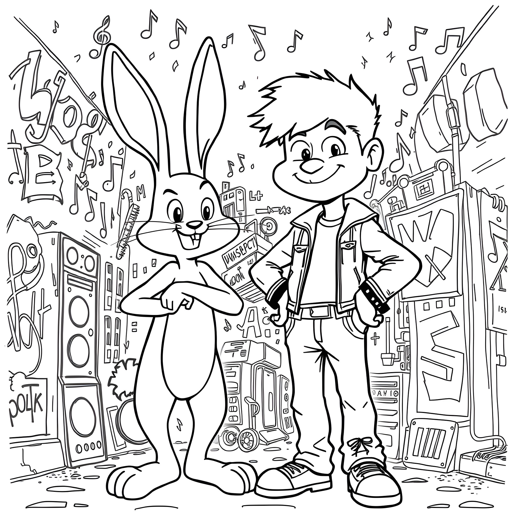 Ginger and Rabbit's Musical Adventure Coloring Page (free black-and-white line drawing printable PDF for all, from beginners to advanced learners, including children, teens, adults, and seniors)
