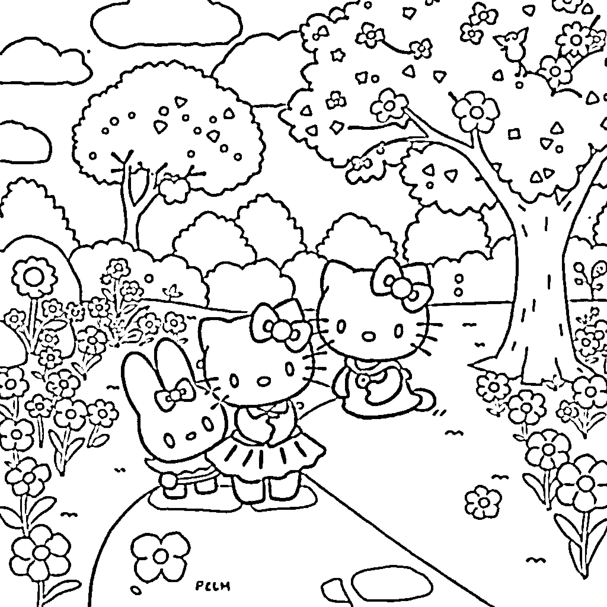 Hello Kitty frolics through a whimsical garden Coloring Page (free black-and-white line drawing printable PDF for all, from beginners to advanced learners, including children, teens, adults, and seniors)
