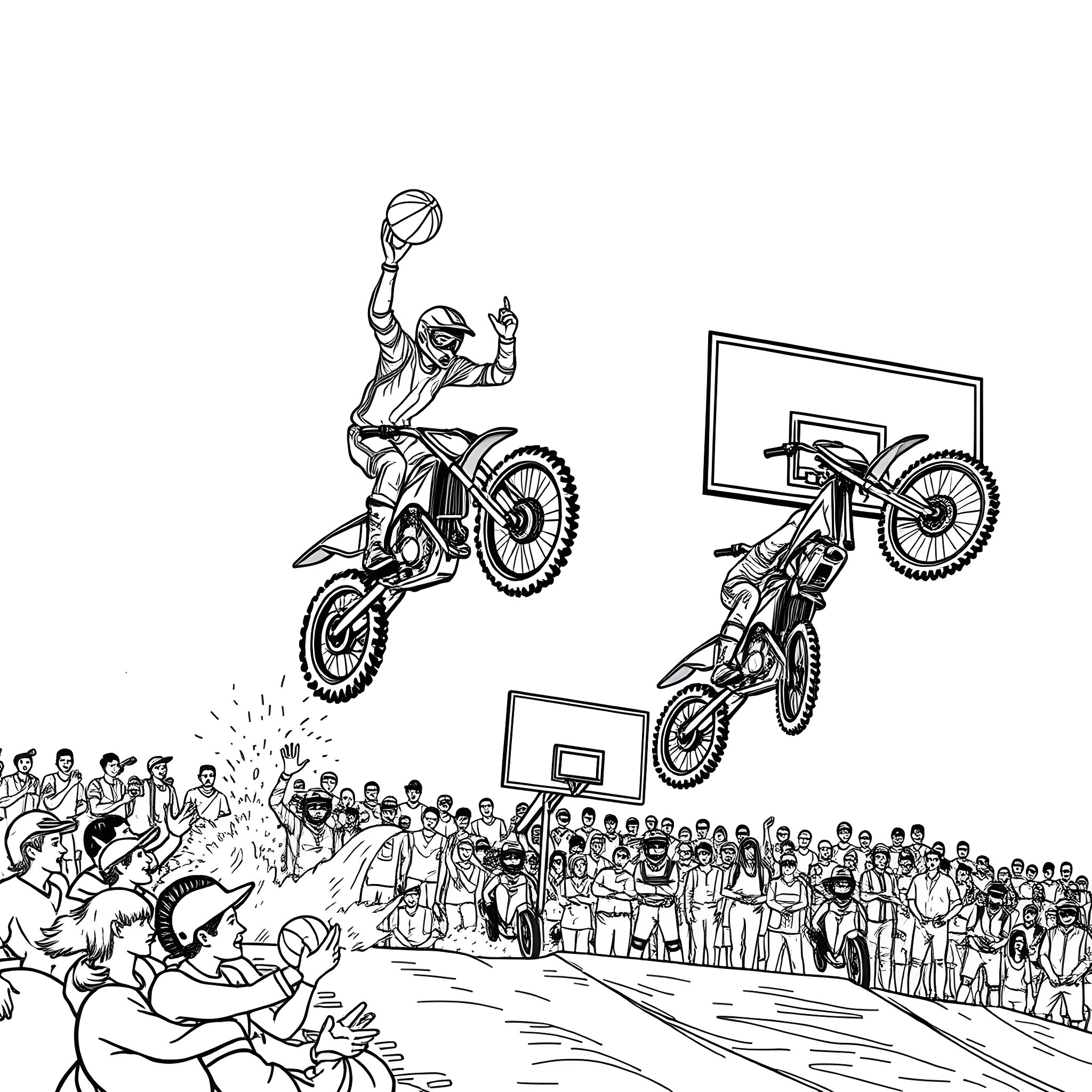Dirt Bike Riders Performing Stunts for the Crowd Coloring Page (free black-and-white line drawing printable PDF for all, from beginners to advanced learners, including children, teens, adults, and seniors)