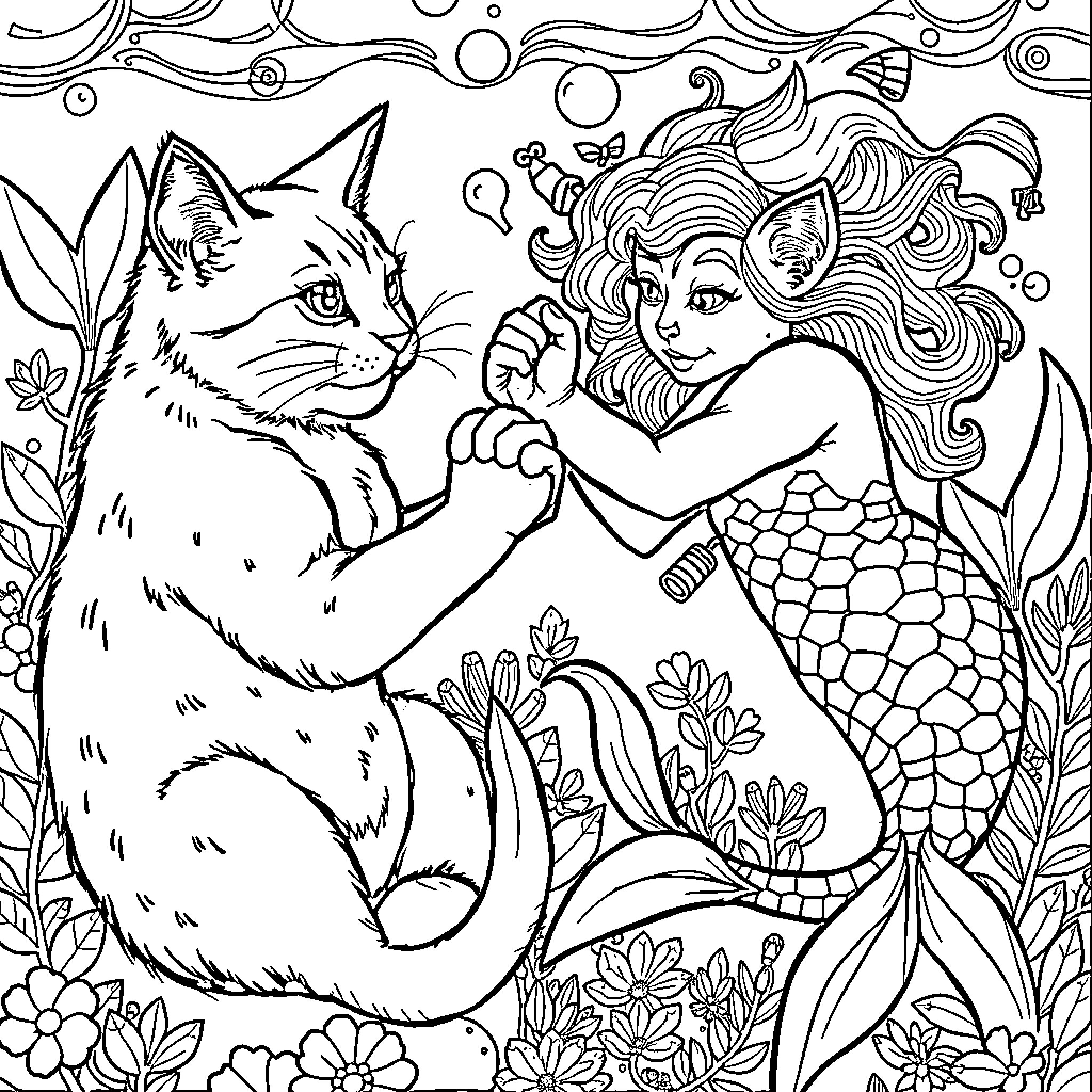 Cat and Mermaid in Whimsical Underwater Scene Coloring Page (free black-and-white line drawing printable PDF for all, from beginners to advanced learners, including children, teens, adults, and seniors)