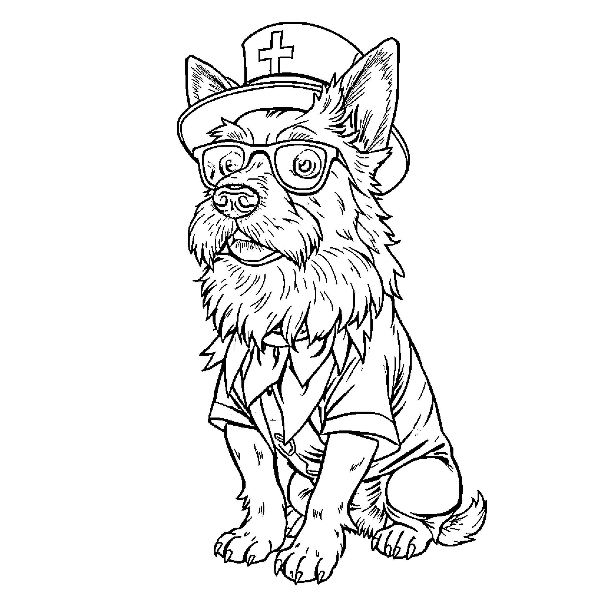 Pet Dog Dressed as Nurse with Medical Gear Coloring Page (free black-and-white line drawing printable PDF for all, from beginners to advanced learners, including children, teens, adults, and seniors)