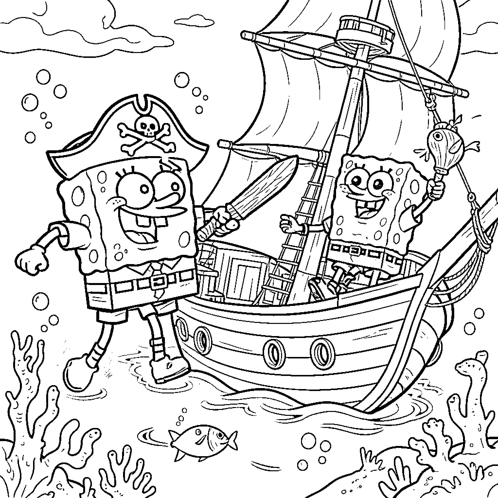 Spongebob the Pirate Sailing on a Ship Coloring Page (free black-and-white line drawing printable PDF for all, from beginners to advanced learners, including children, teens, adults, and seniors)