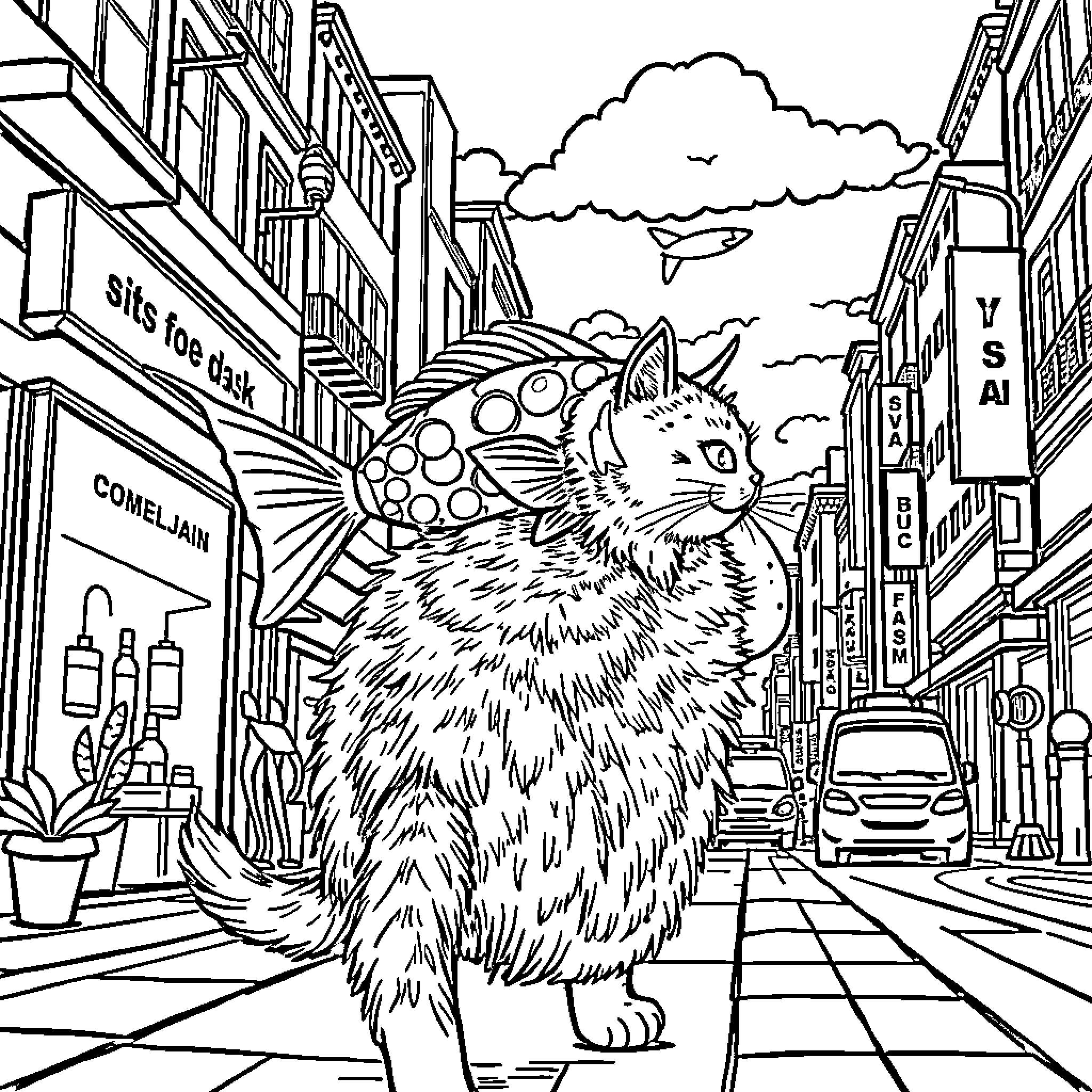 Fish-like cat exploring the city streets Coloring Page (free black-and-white line drawing printable PDF for all, from beginners to advanced learners, including children, teens, adults, and seniors)
