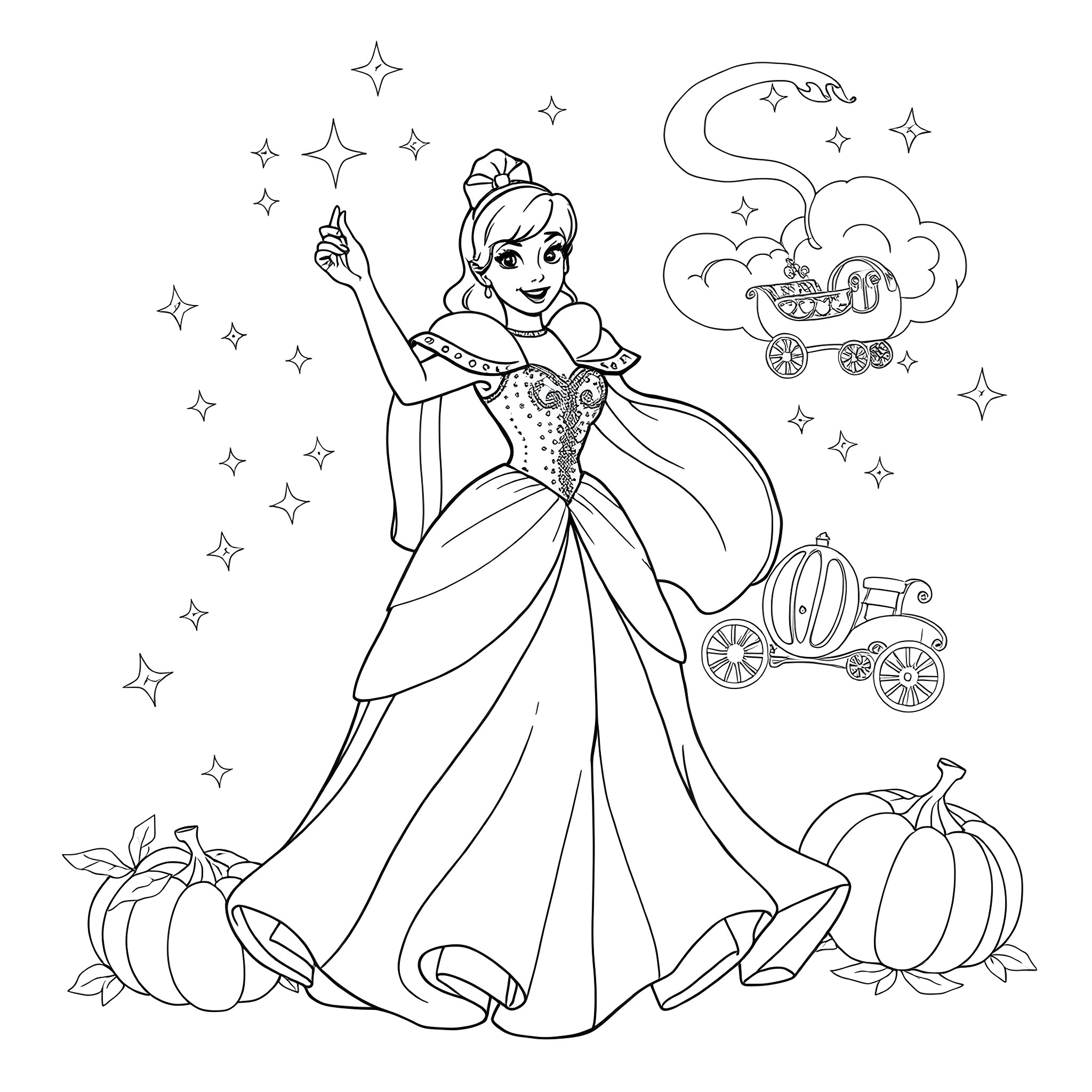 Cinderella in her beautiful gown with magical elements Coloring Page (free black-and-white line drawing printable PDF for all, from beginners to advanced learners, including children, teens, adults, and seniors)