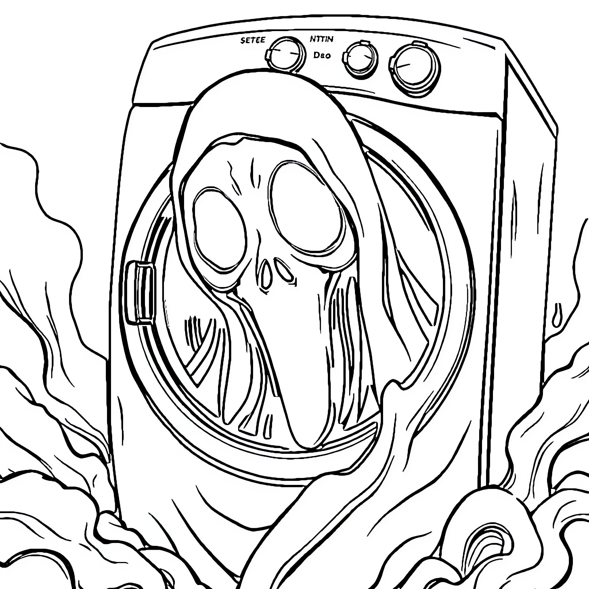 Ghostface emerging from a washing machine Coloring Page (free black-and-white line drawing printable PDF for all, from beginners to advanced learners, including children, teens, adults, and seniors)