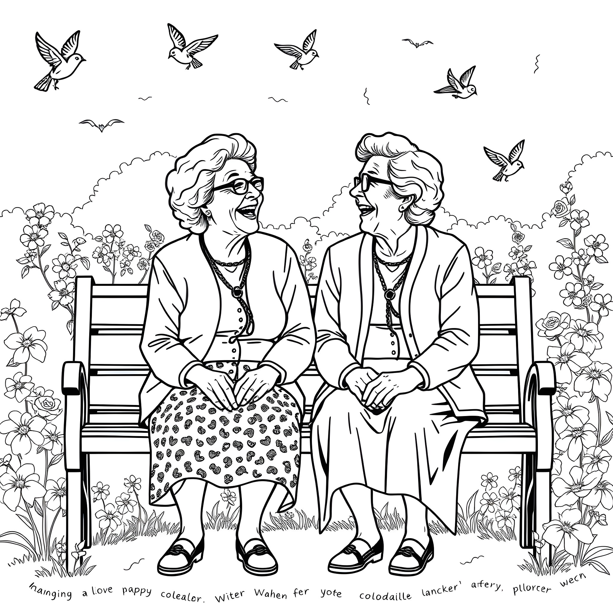 Lady Conversing on a Floral Bench Coloring Page (free black-and-white line drawing printable PDF for all, from beginners to advanced learners, including children, teens, adults, and seniors)