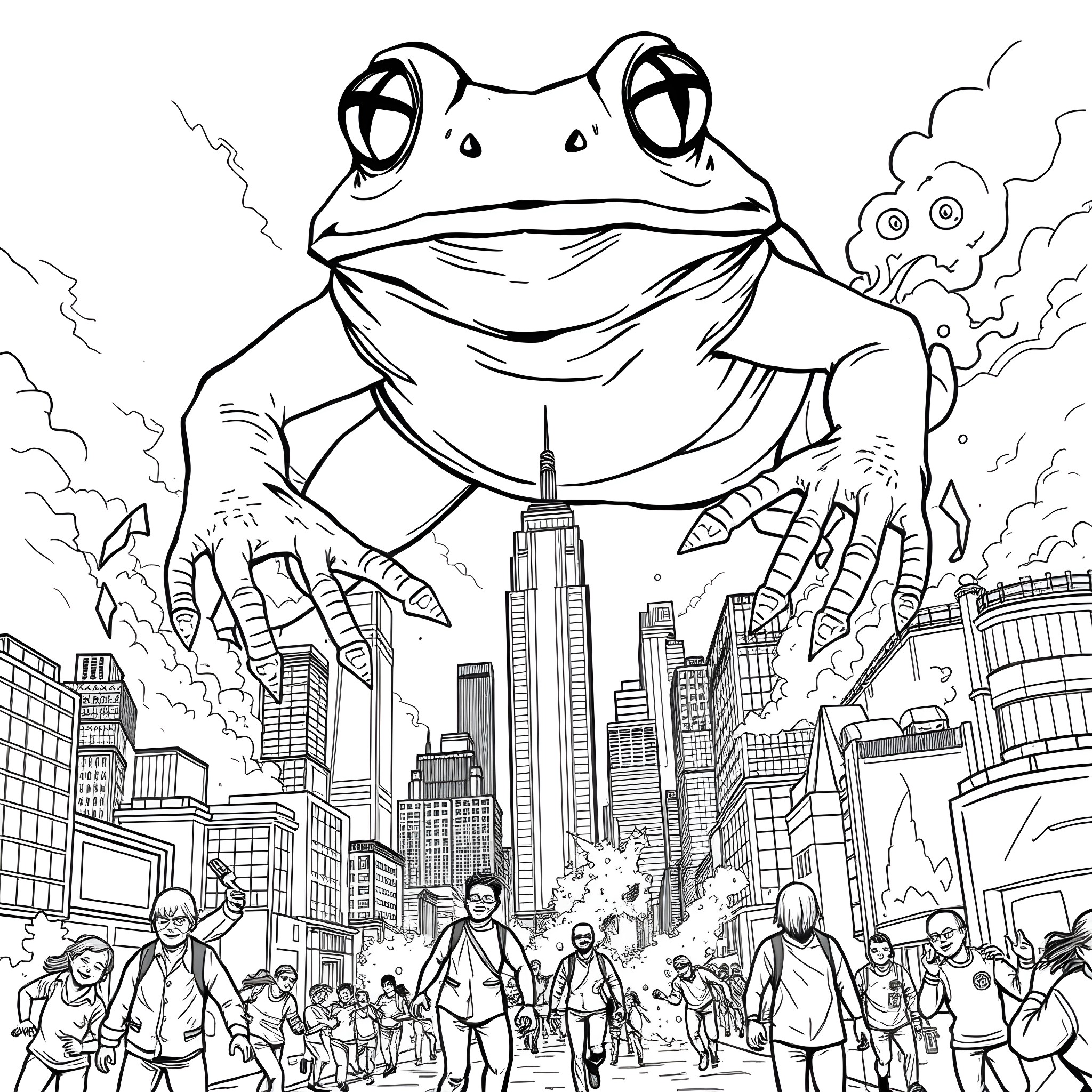 Frog exploring the bustling city skyline Coloring Page (free black-and-white line drawing printable PDF for all, from beginners to advanced learners, including children, teens, adults, and seniors)