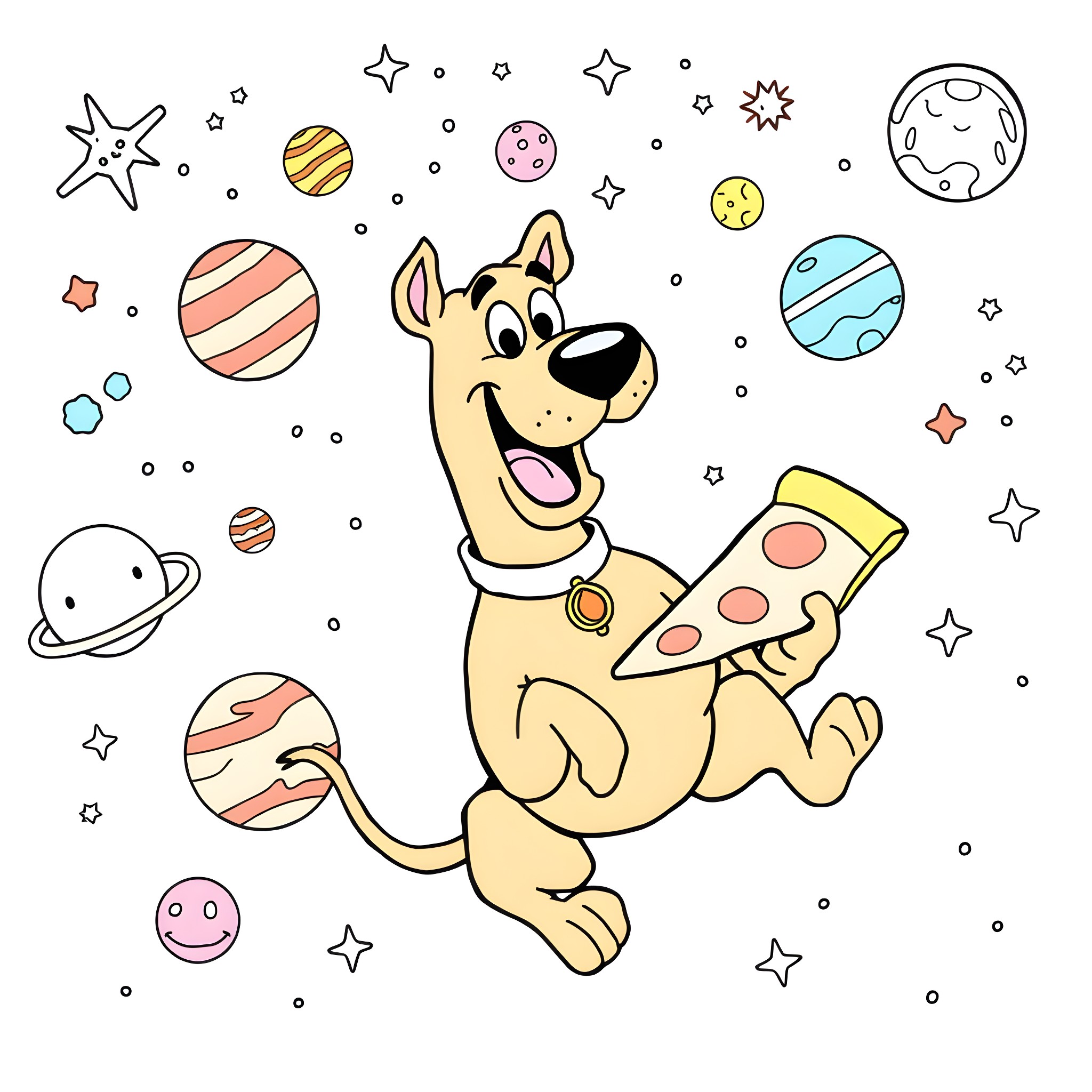 Scooby Doo exploring the cosmic space adventure Coloring Page (free black-and-white line drawing printable PDF for all, from beginners to advanced learners, including children, teens, adults, and seniors)