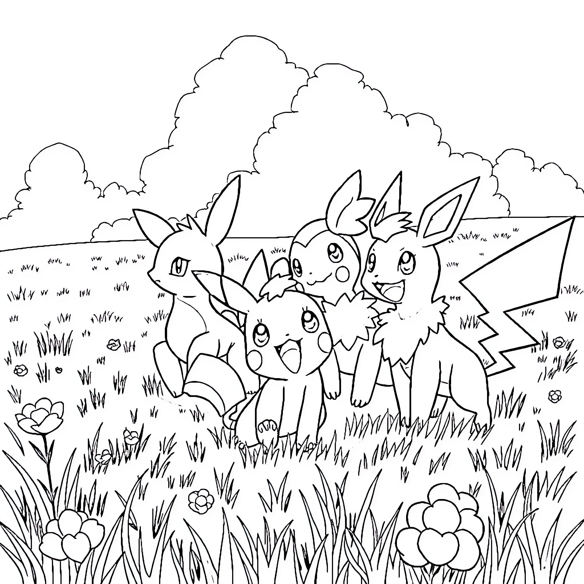 Pokémon playing joyfully in a grassy meadow Coloring Page (free black-and-white line drawing printable PDF for all, from beginners to advanced learners, including children, teens, adults, and seniors)