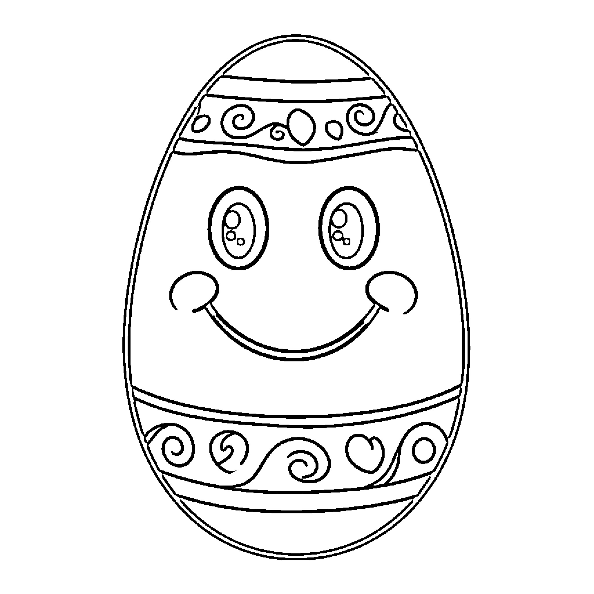 Easter Egg with Smiling Face and Decorative Patterns Coloring Page (free black-and-white line drawing printable PDF for all, from beginners to advanced learners, including children, teens, adults, and seniors)
