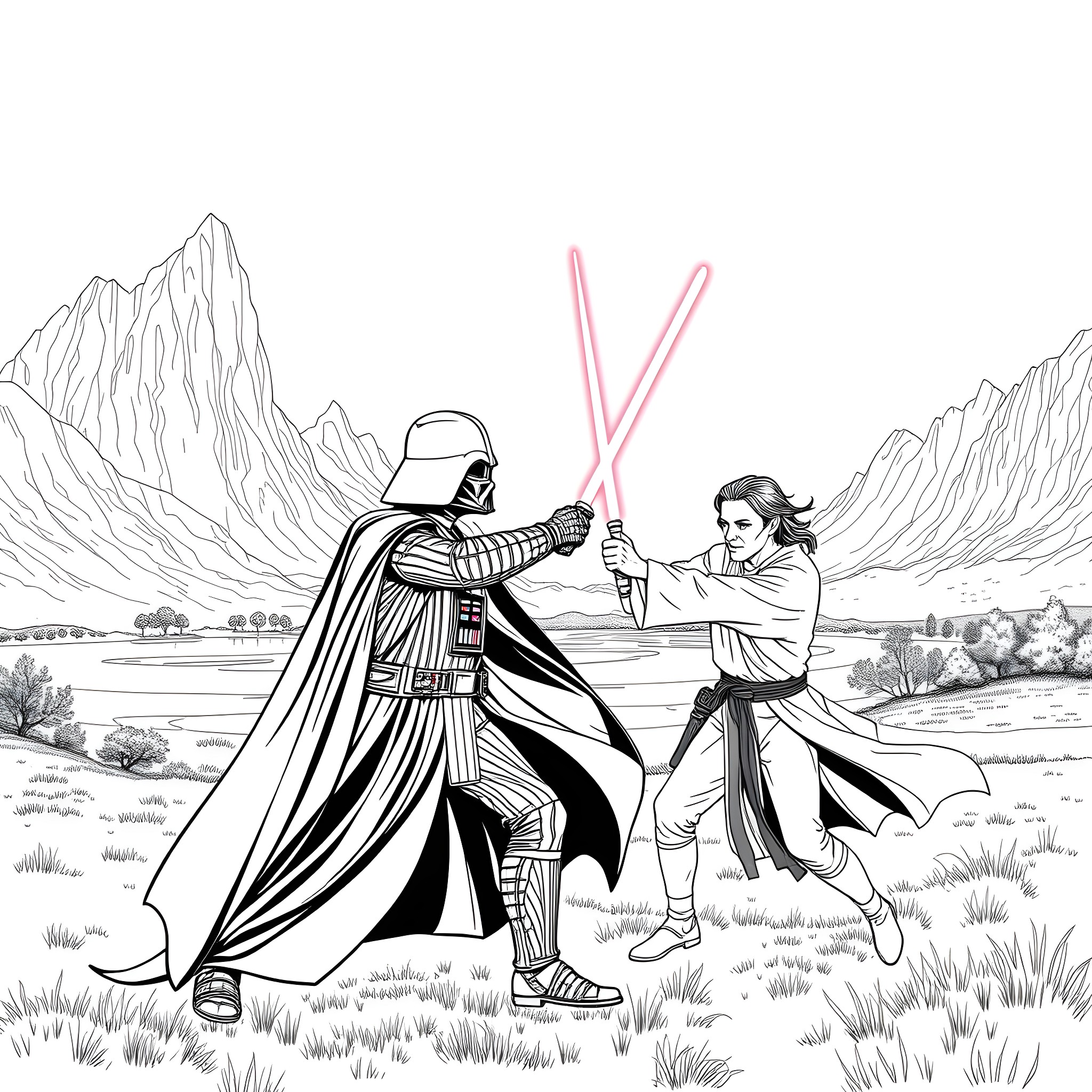 Darth Vader engages in an epic lightsaber duel with a Jedi warrior Coloring Page (free black-and-white line drawing printable PDF for all, from beginners to advanced learners, including children, teens, adults, and seniors)