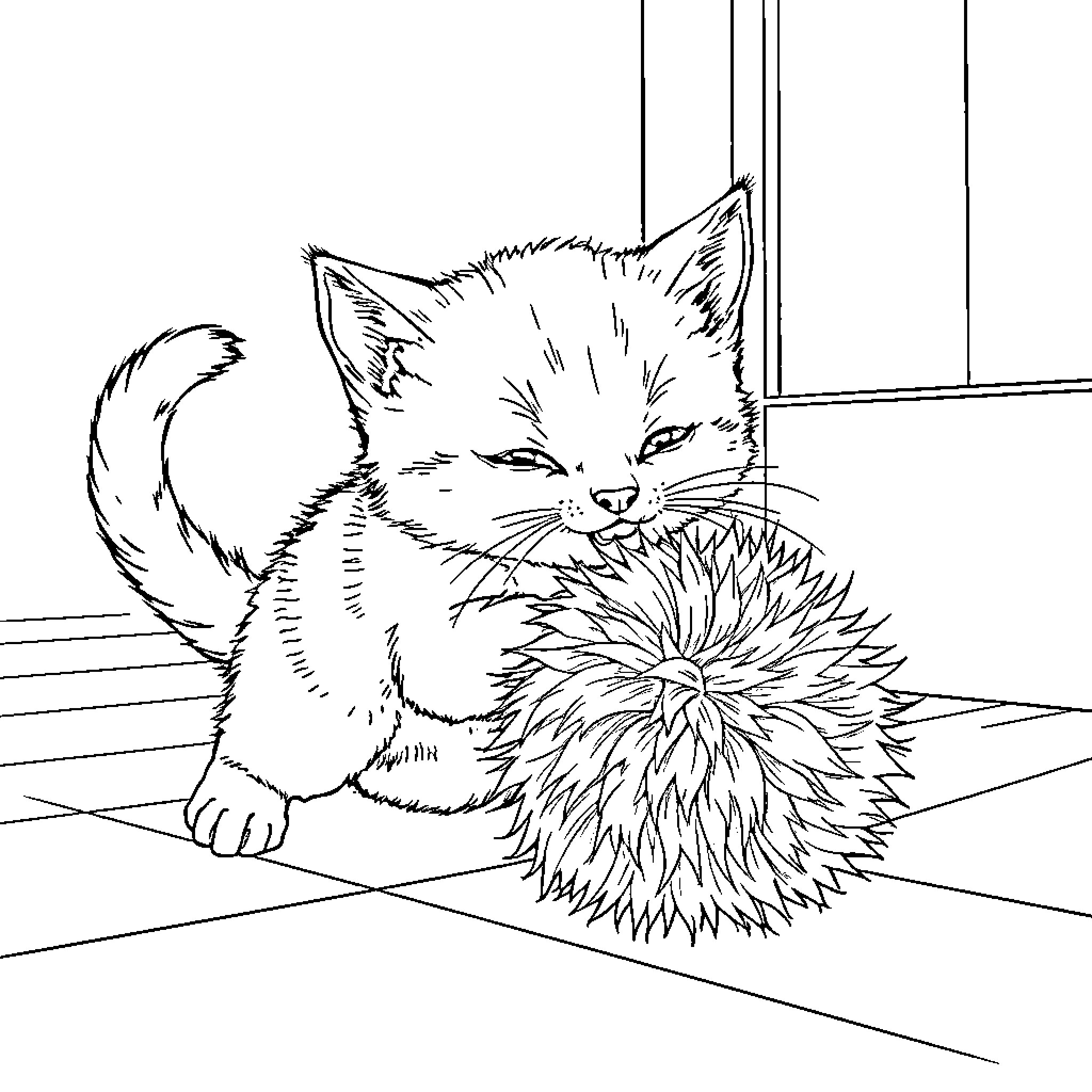 Cat Curiously Examining Puffball Coloring Page (free black-and-white line drawing printable PDF for all, from beginners to advanced learners, including children, teens, adults, and seniors)