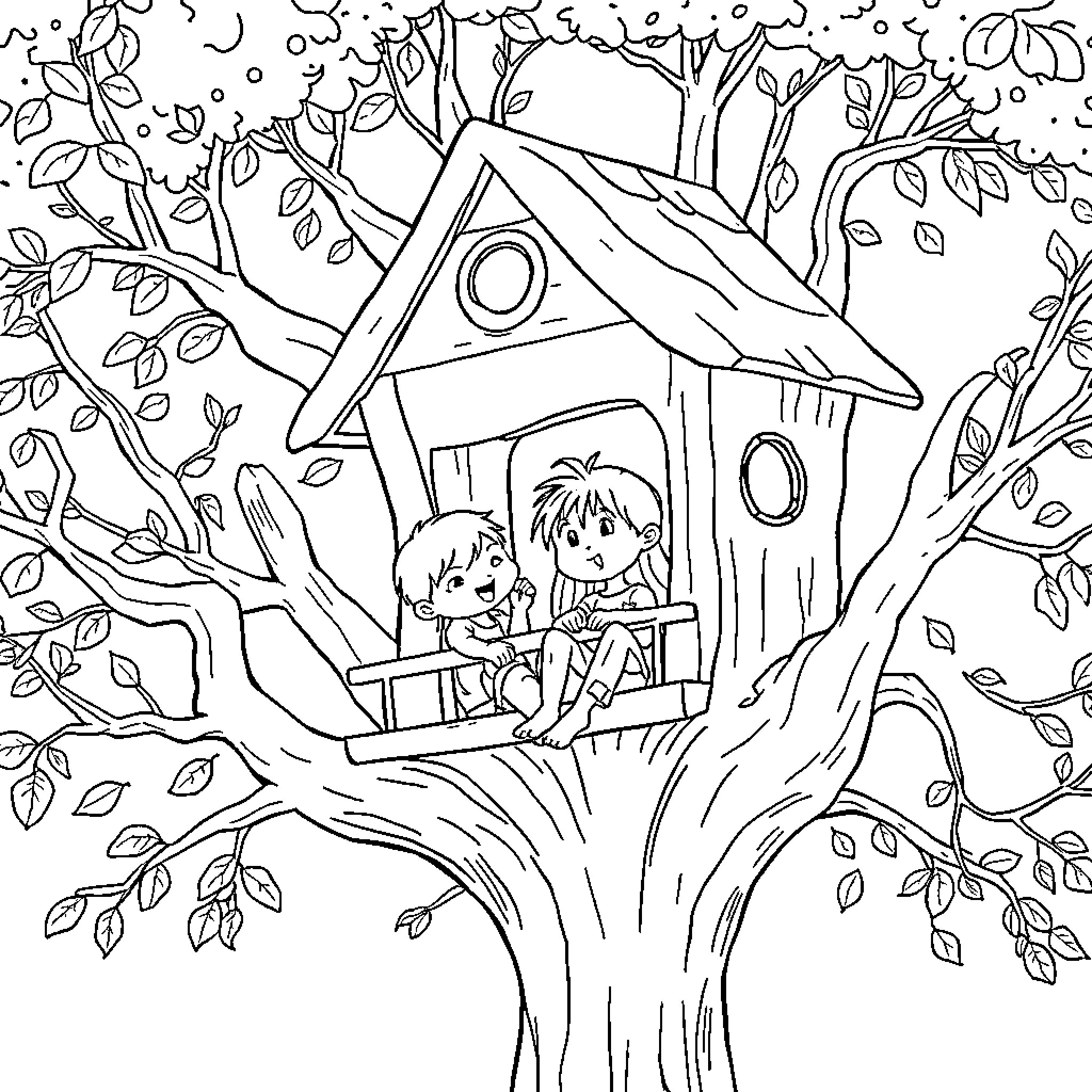 Child playing in the treehouse Coloring Page (free black-and-white line drawing printable PDF for all, from beginners to advanced learners, including children, teens, adults, and seniors)