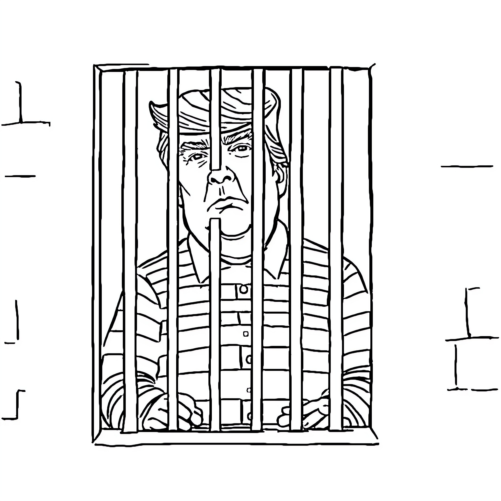 Donald Trump behind bars Coloring Page (free black-and-white line drawing printable PDF for all, from beginners to advanced learners, including children, teens, adults, and seniors)