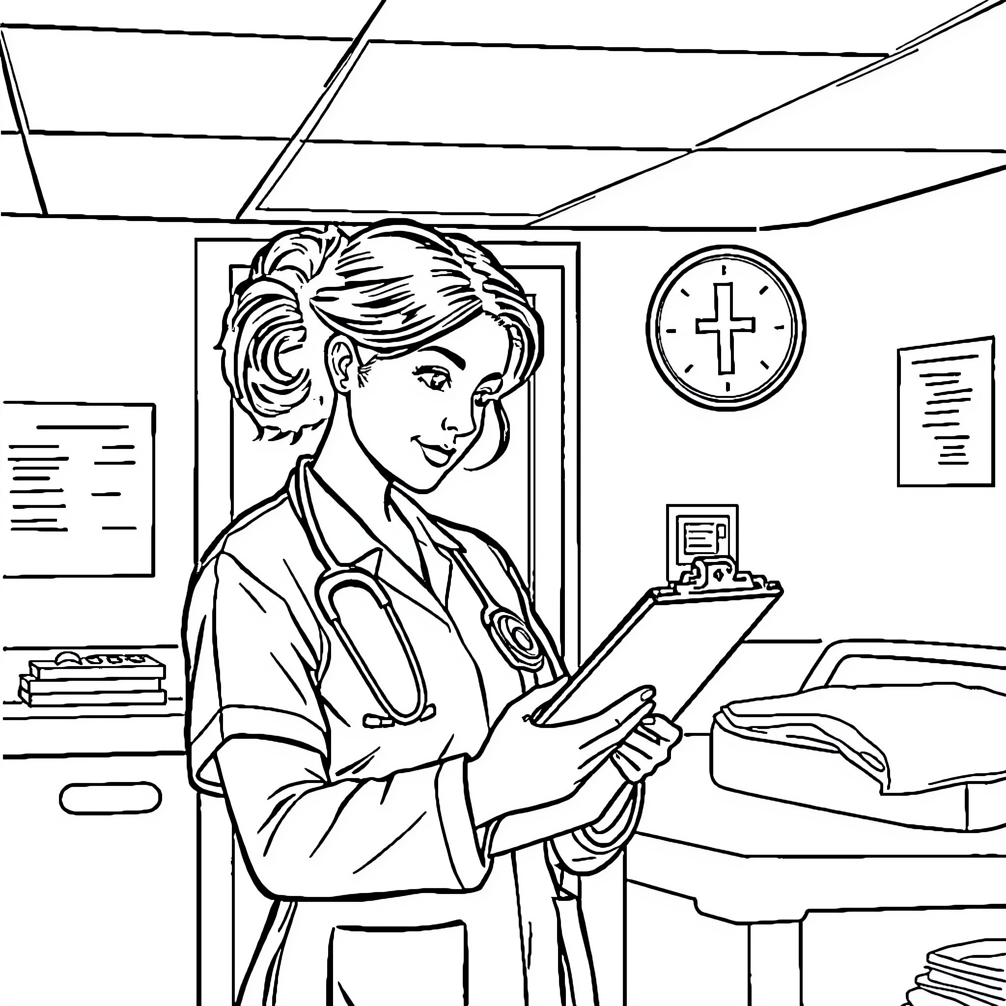 Nurse Tending to Patients in Medical Facility Coloring Page (free black-and-white line drawing printable PDF for all, from beginners to advanced learners, including children, teens, adults, and seniors)