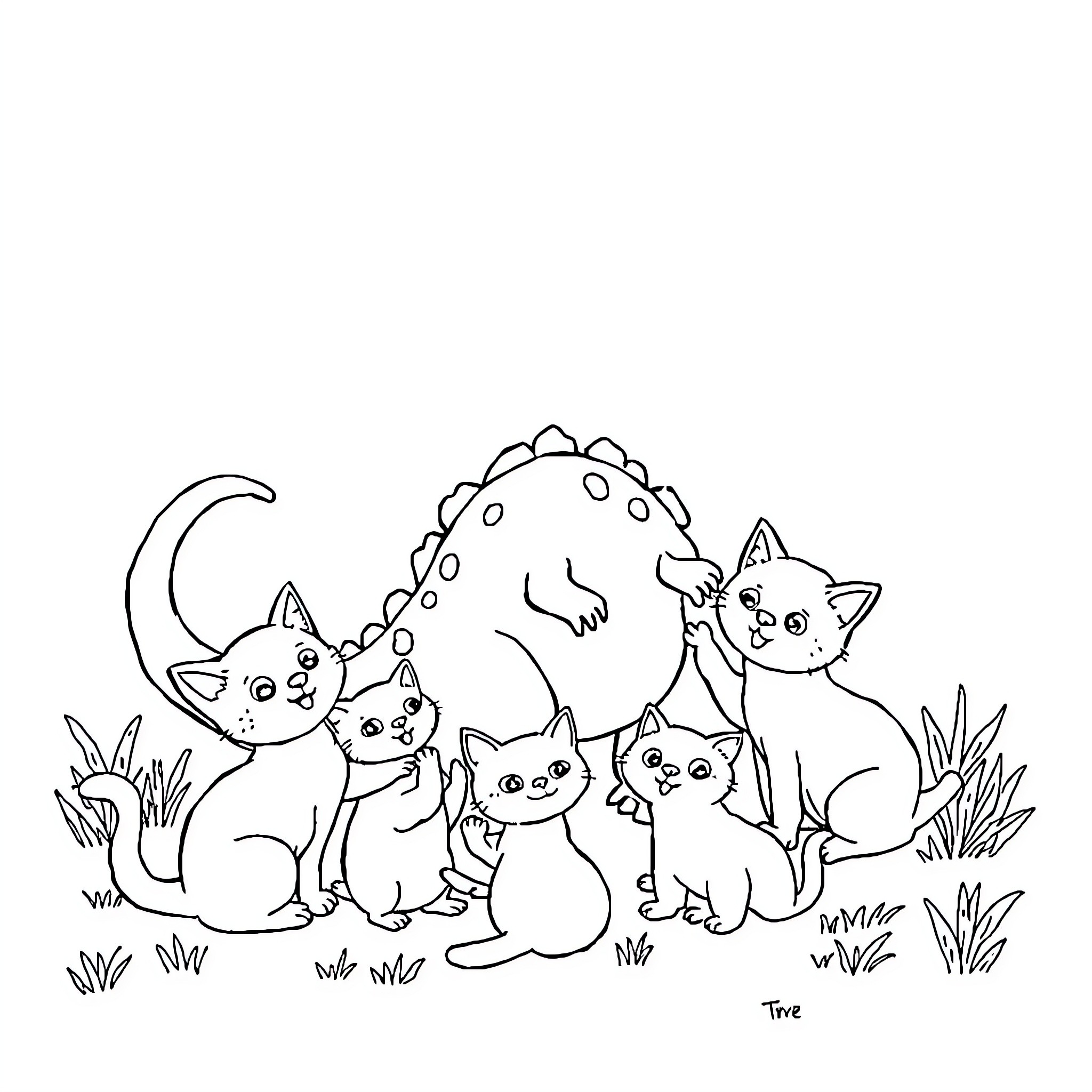 Dinosaur playing with adorable kittens in nature Coloring Page (free black-and-white line drawing printable PDF for all, from beginners to advanced learners, including children, teens, adults, and seniors)