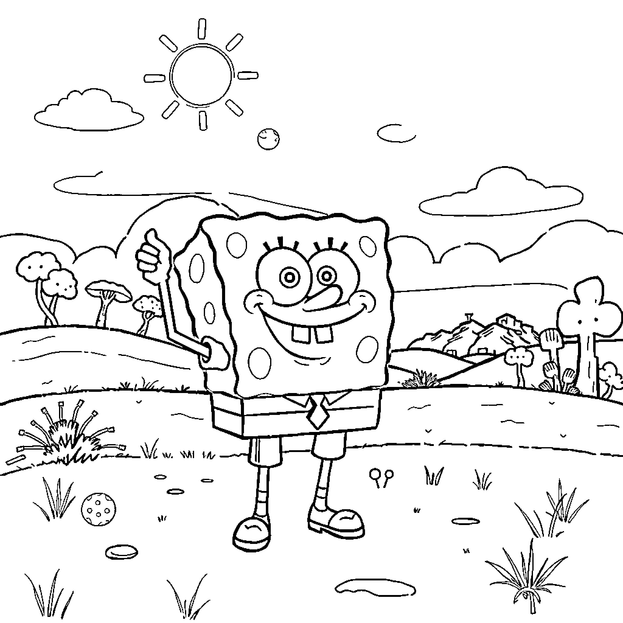 Spongebob enjoying the sunny outdoors Coloring Page (free black-and-white line drawing printable PDF for all, from beginners to advanced learners, including children, teens, adults, and seniors)