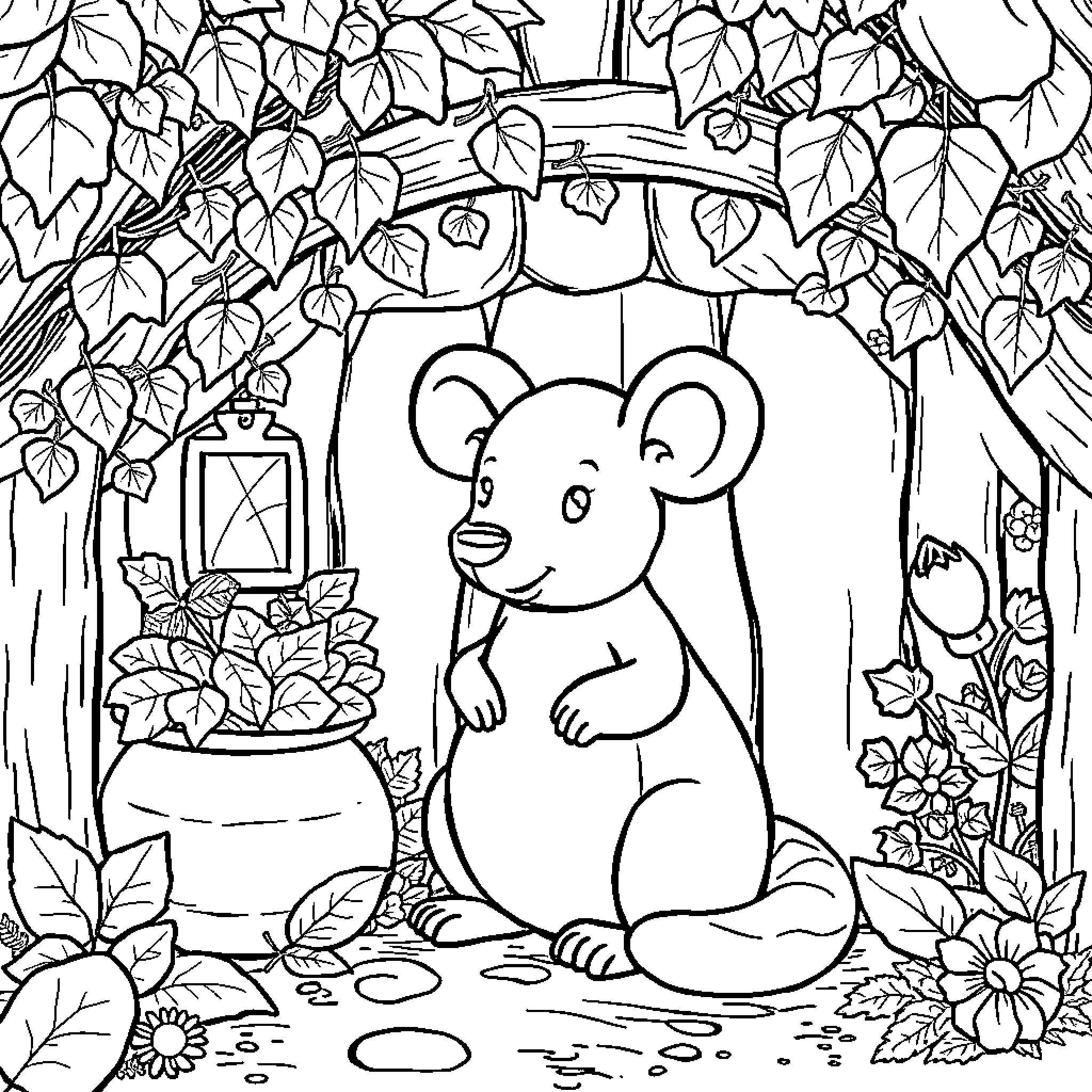 Maus exploring a cozy forest scene Coloring Page (free black-and-white line drawing printable PDF for all, from beginners to advanced learners, including children, teens, adults, and seniors)
