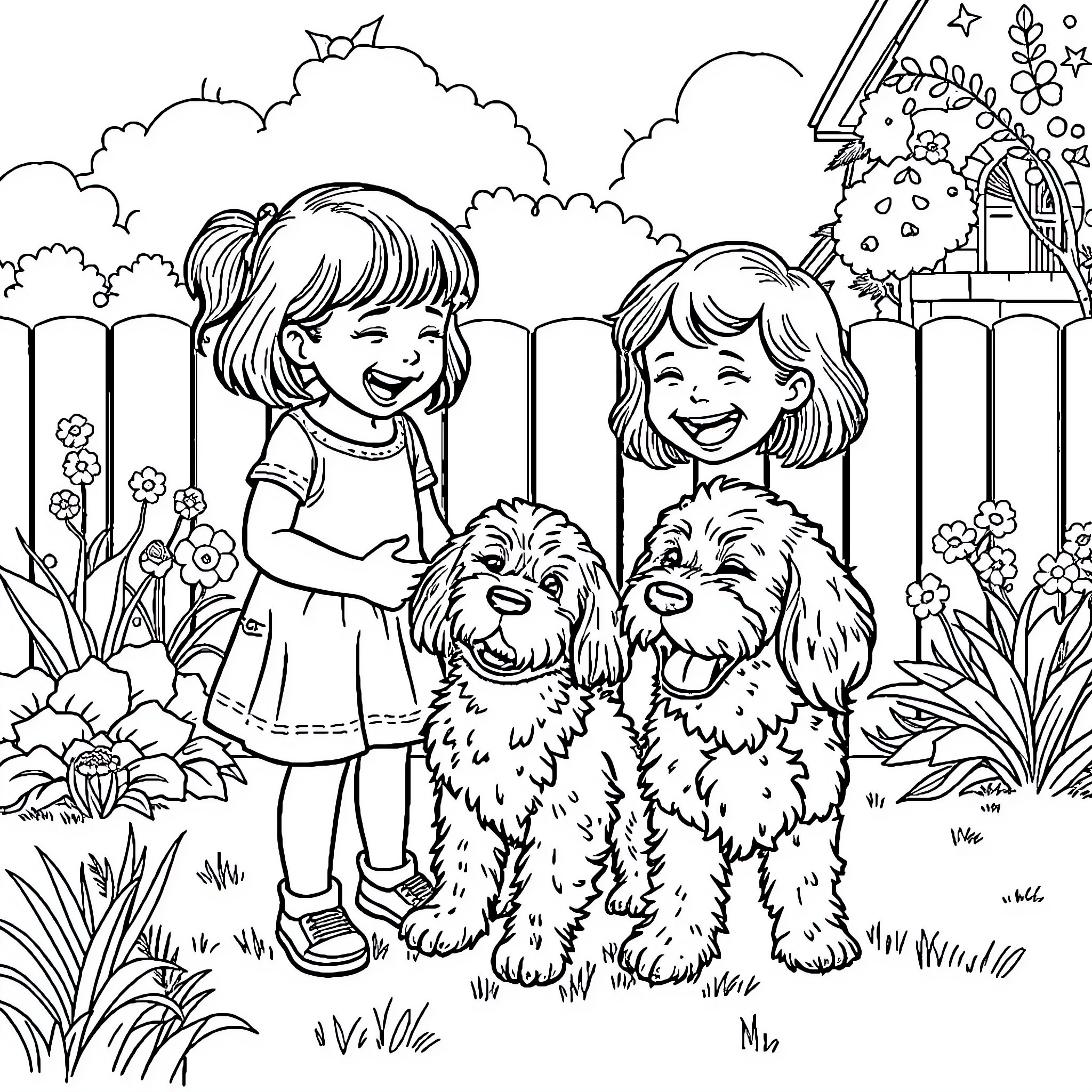 Girl playing with dogs in a garden Coloring Page (free black-and-white line drawing printable PDF for all, from beginners to advanced learners, including children, teens, adults, and seniors)