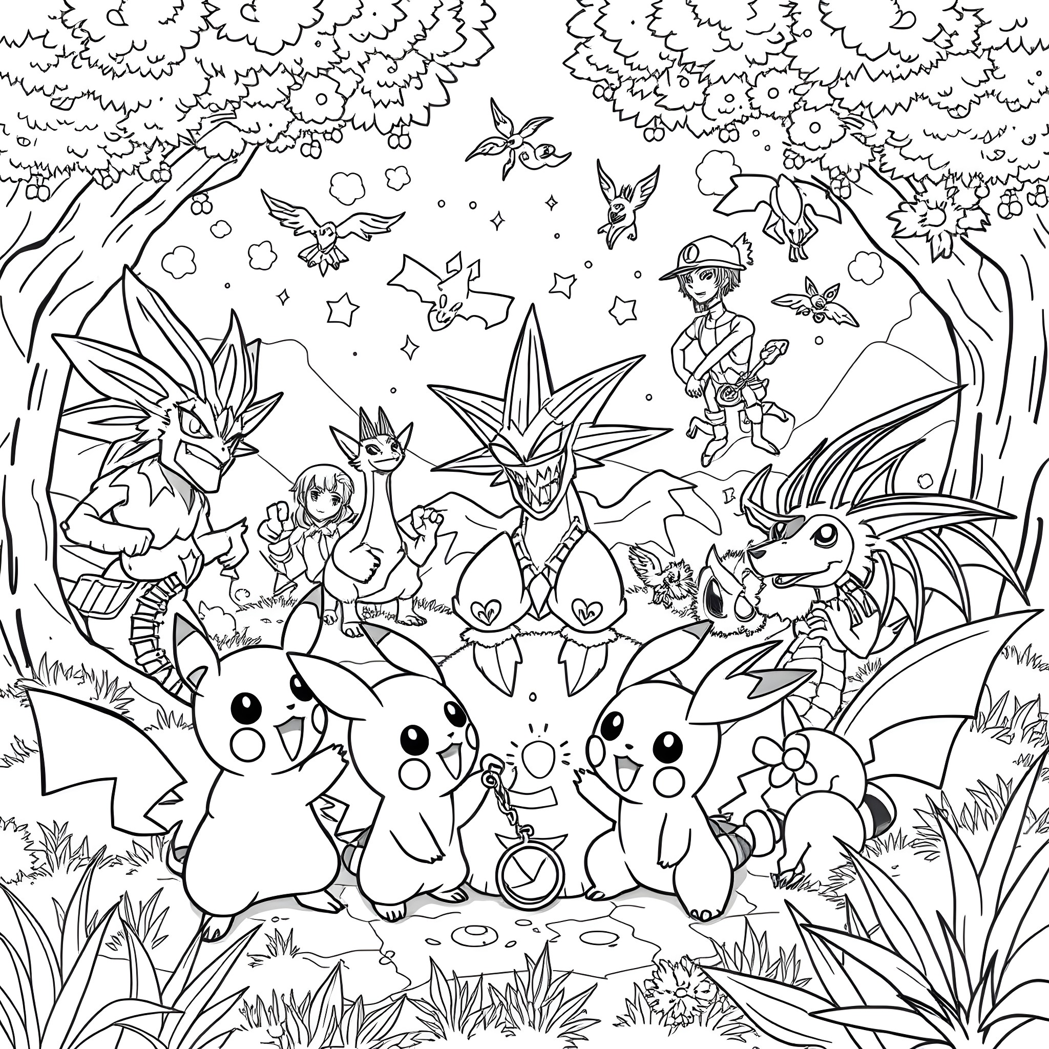 Pokémon characters in a magical forest scene Coloring Page (free black-and-white line drawing printable PDF for all, from beginners to advanced learners, including children, teens, adults, and seniors)