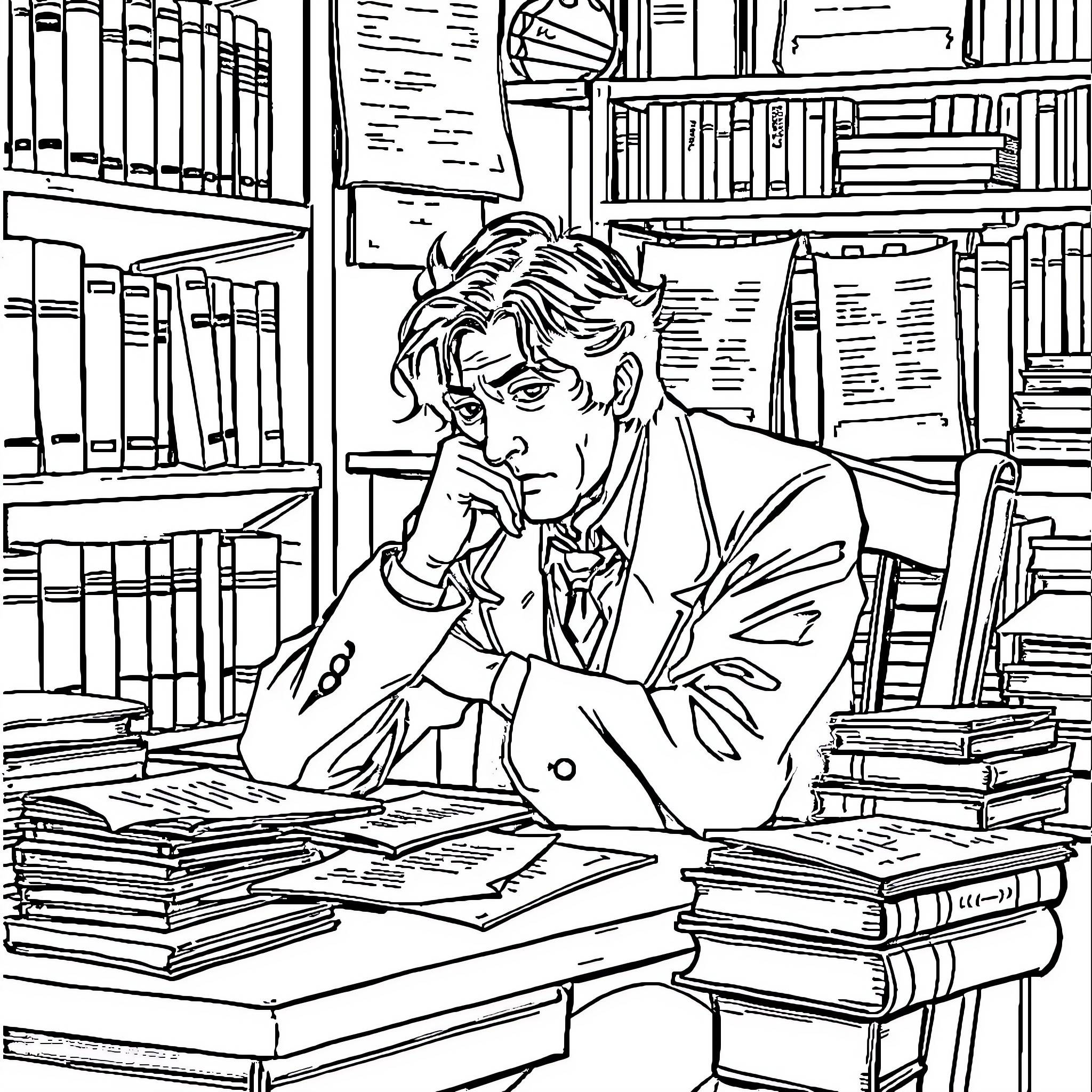 Dazai Osamu contemplating in a library Coloring Page (free black-and-white line drawing printable PDF for all, from beginners to advanced learners, including children, teens, adults, and seniors)