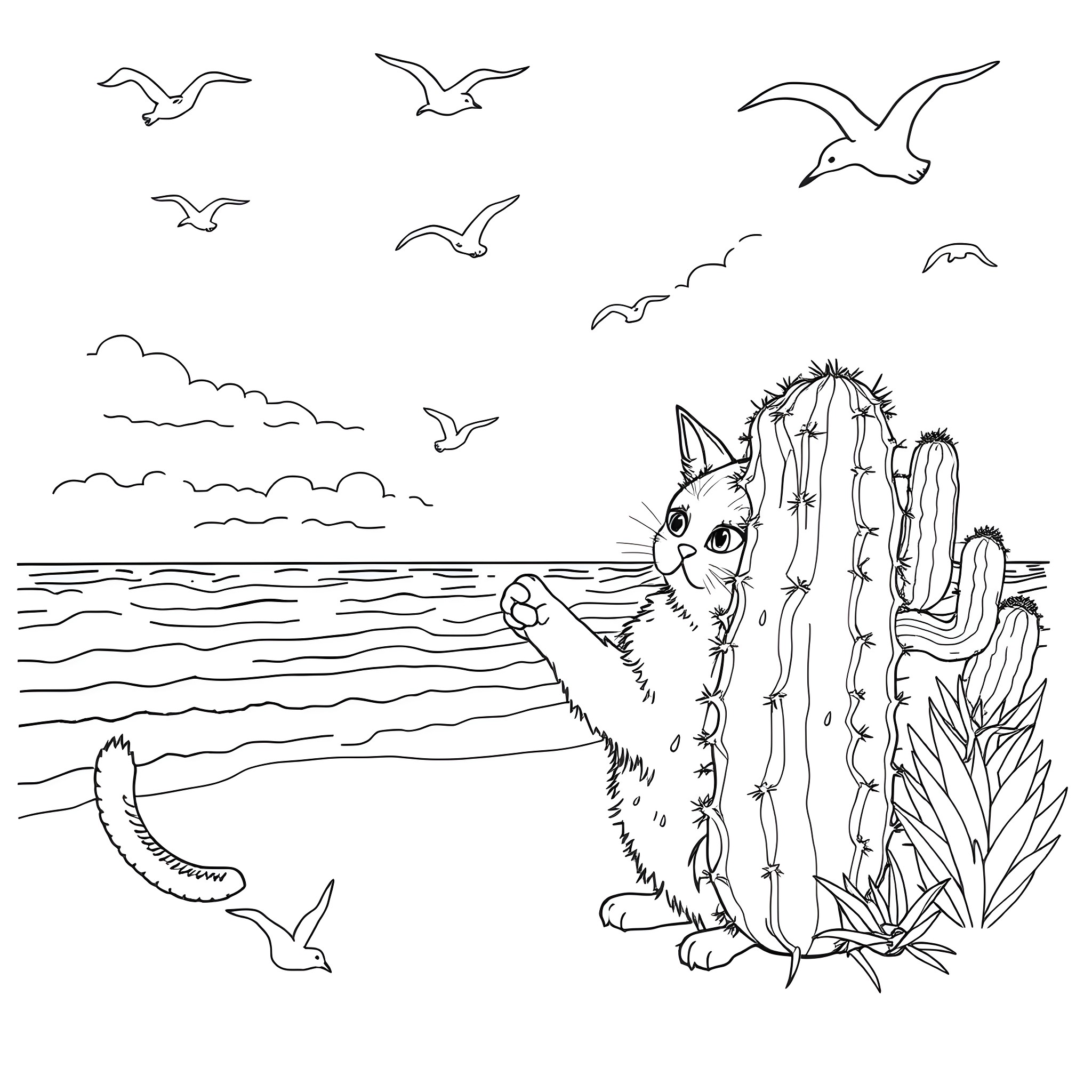 Cat sitting among cactus in desert landscape Coloring Page (free black-and-white line drawing printable PDF for all, from beginners to advanced learners, including children, teens, adults, and seniors)