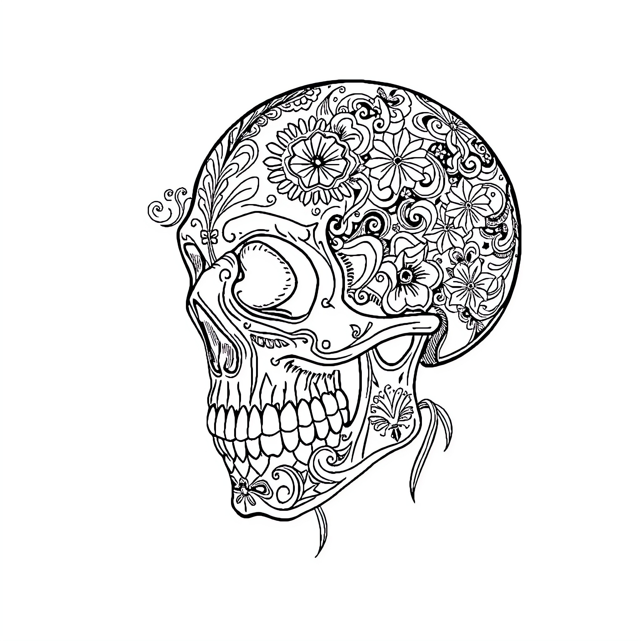 Skull with Intricate Floral Patterns Coloring Page (free black-and-white line drawing printable PDF for all, from beginners to advanced learners, including children, teens, adults, and seniors)