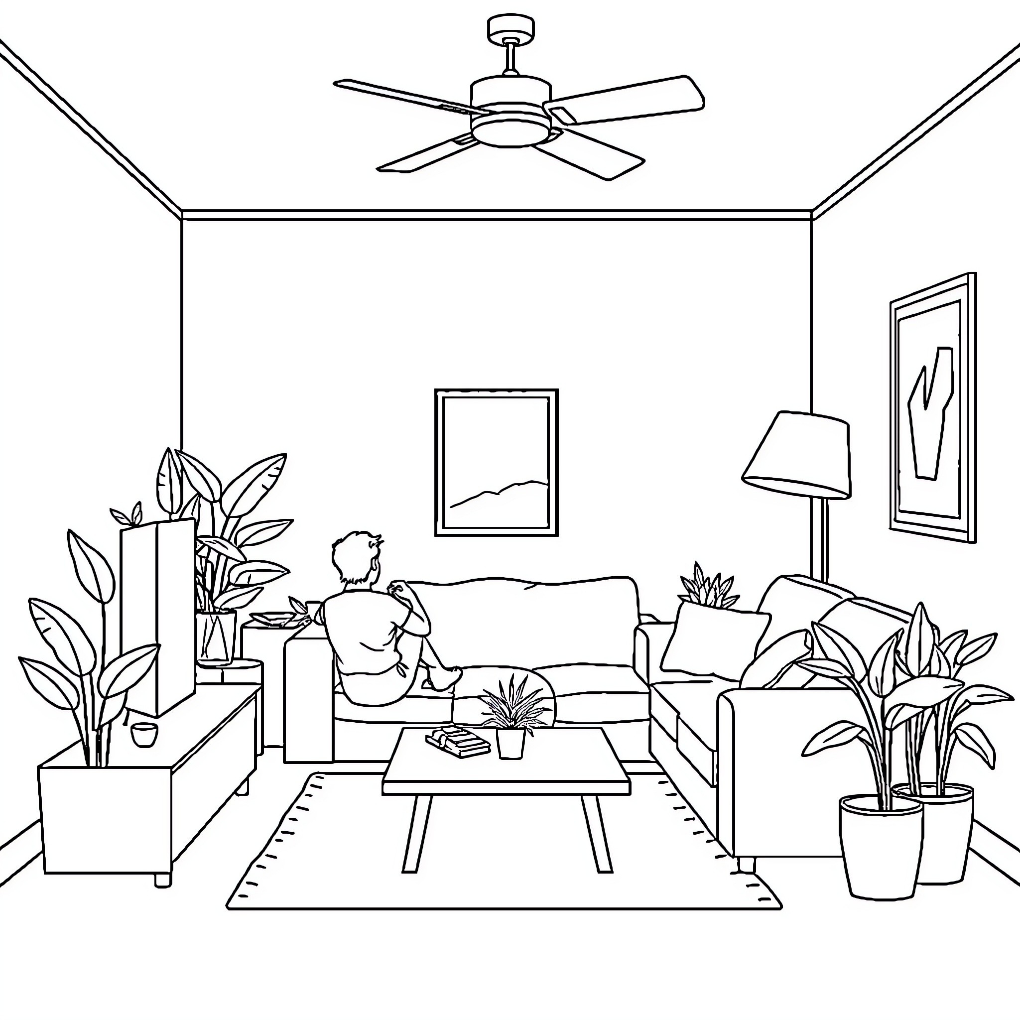Living Room with Relaxing Occupant Coloring Page (free black-and-white line drawing printable PDF for all, from beginners to advanced learners, including children, teens, adults, and seniors)