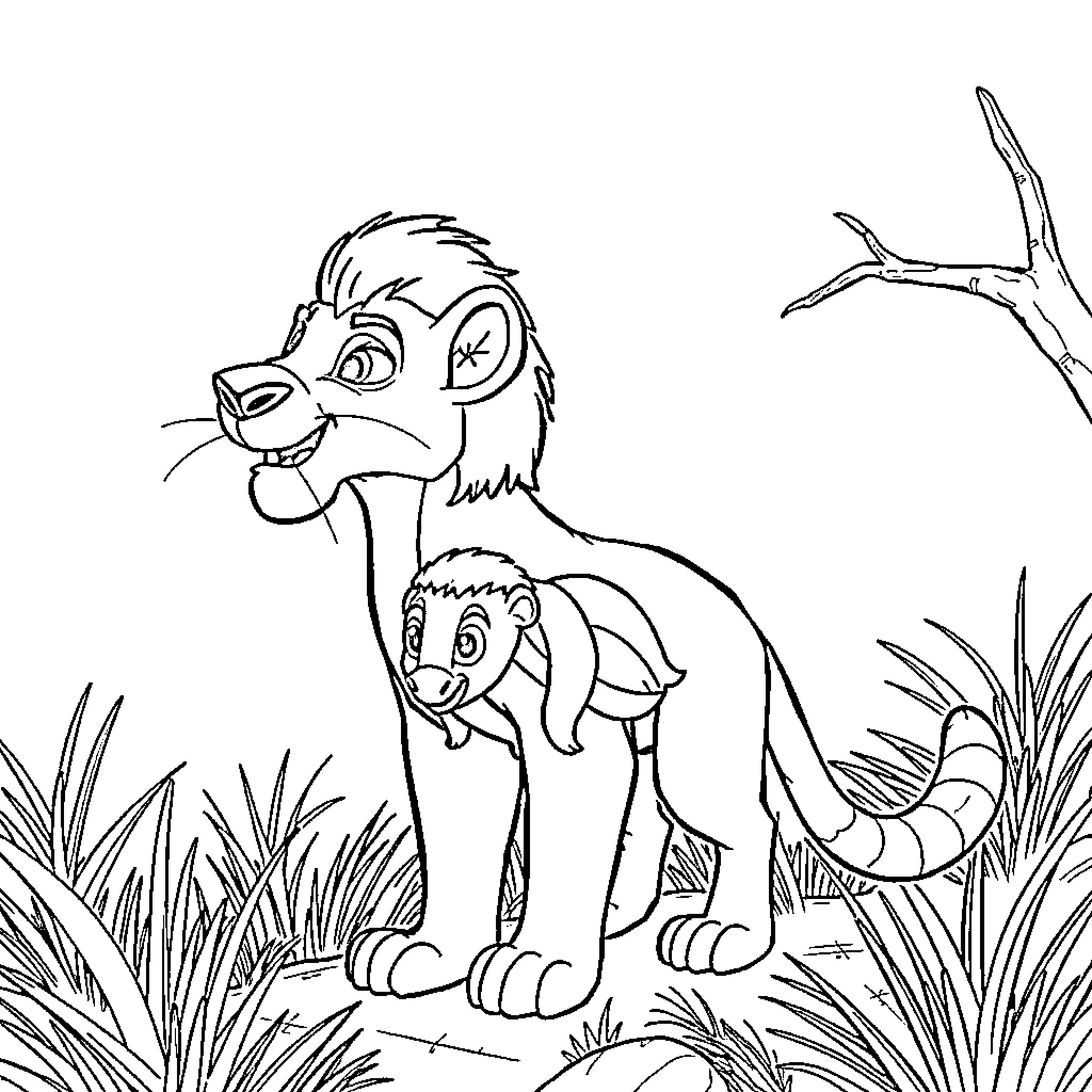 Lion cub exploring the jungle with parent Coloring Page (free black-and-white line drawing printable PDF for all, from beginners to advanced learners, including children, teens, adults, and seniors)