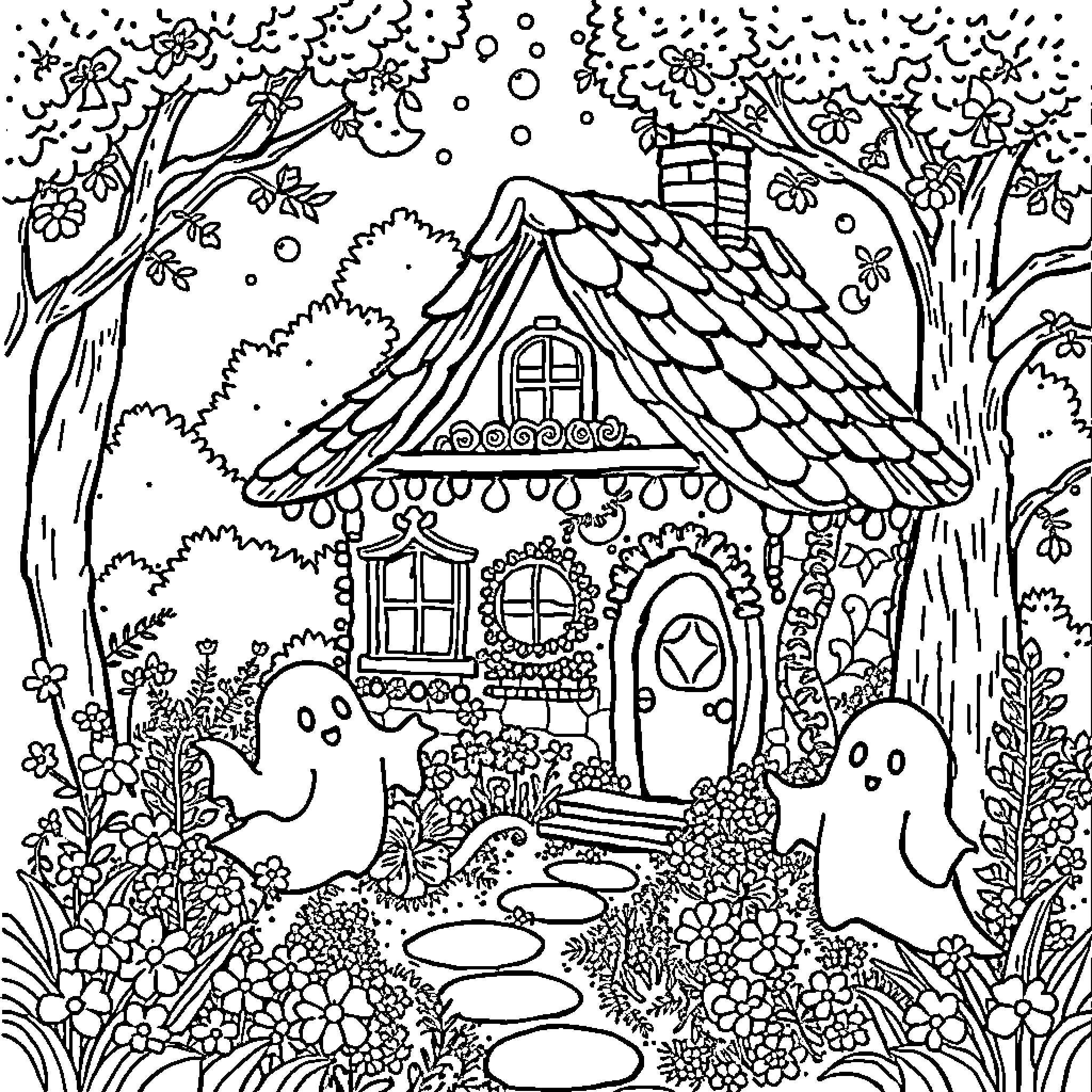 Ghost House in Enchanted Forest Coloring Page (free black-and-white line drawing printable PDF for all, from beginners to advanced learners, including children, teens, adults, and seniors)