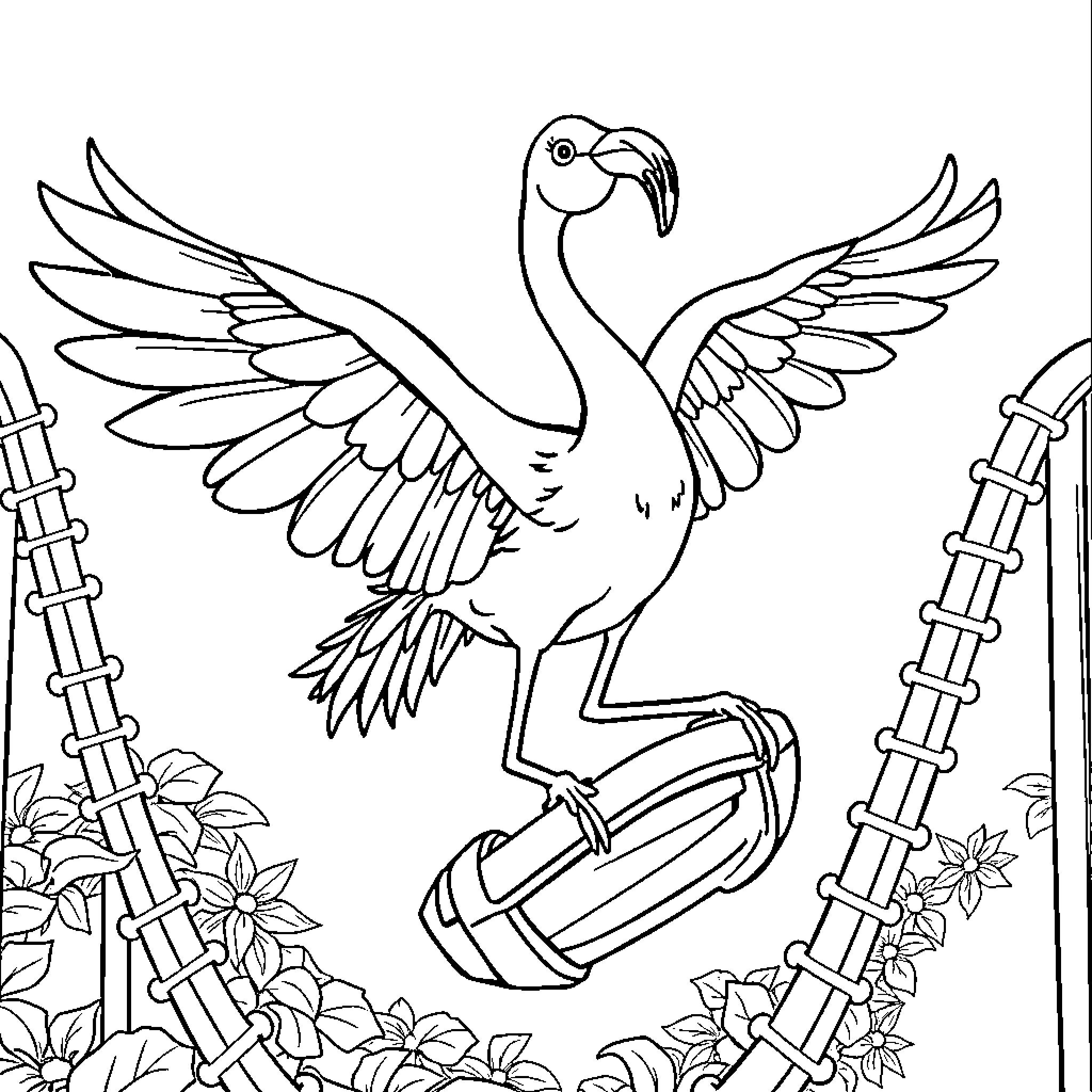 Flamingo Dancing with Floral Backdrop Coloring Page (free black-and-white line drawing printable PDF for all, from beginners to advanced learners, including children, teens, adults, and seniors)