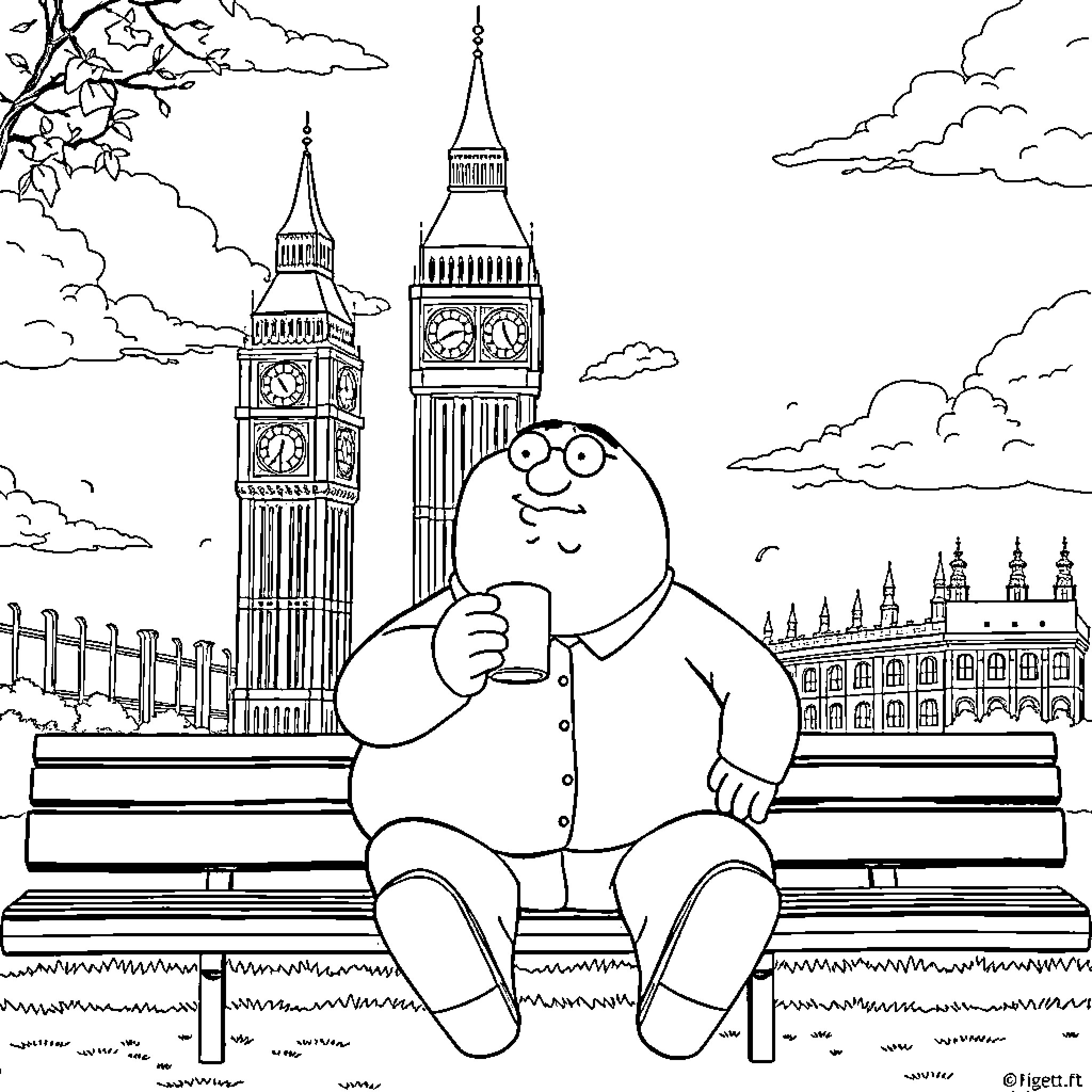 Peter Griffin relaxing on a bench with Big Ben in the background Coloring Page (free black-and-white line drawing printable PDF for all, from beginners to advanced learners, including children, teens, adults, and seniors)