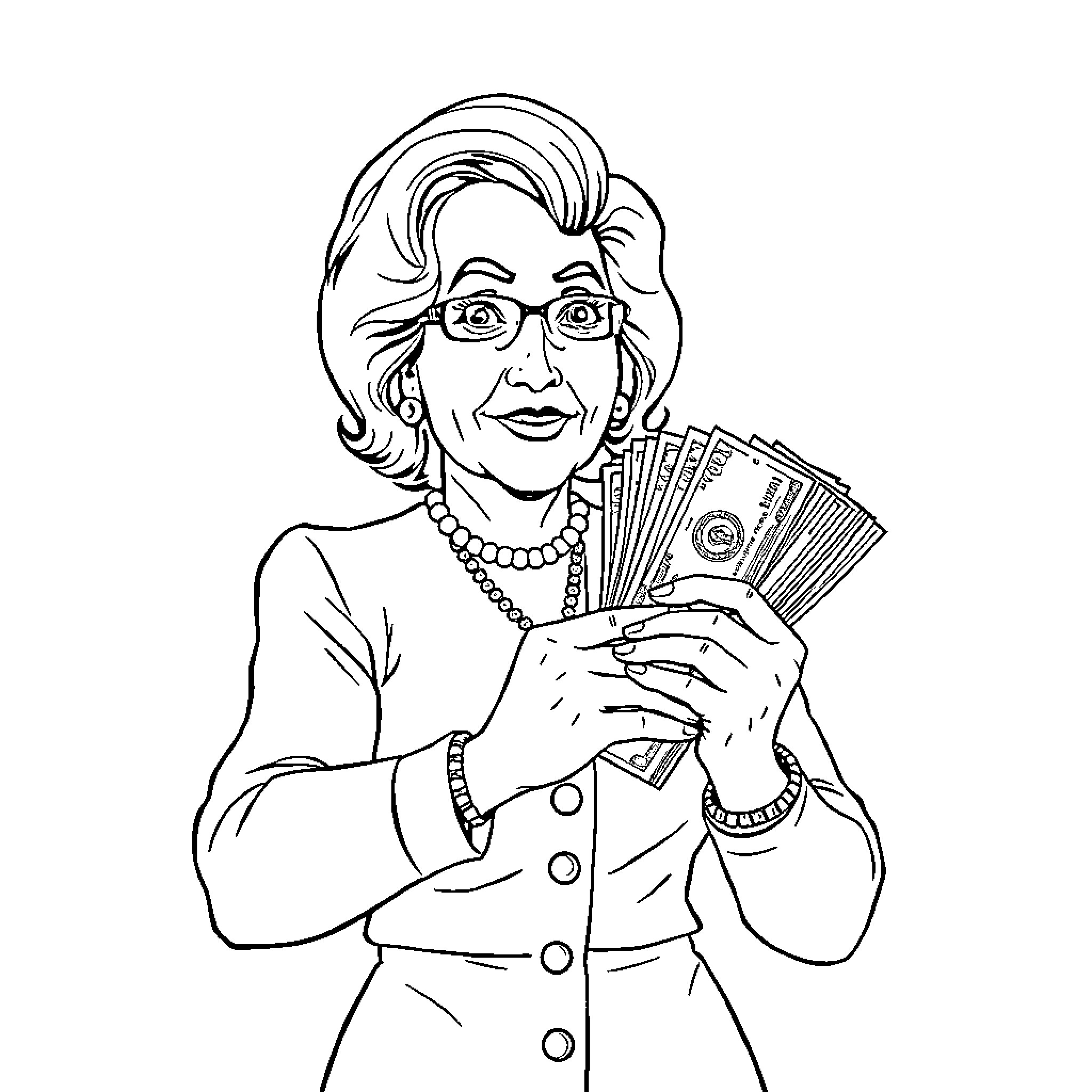 Helga Pataki proudly holding cash in hand Coloring Page (free black-and-white line drawing printable PDF for all, from beginners to advanced learners, including children, teens, adults, and seniors)