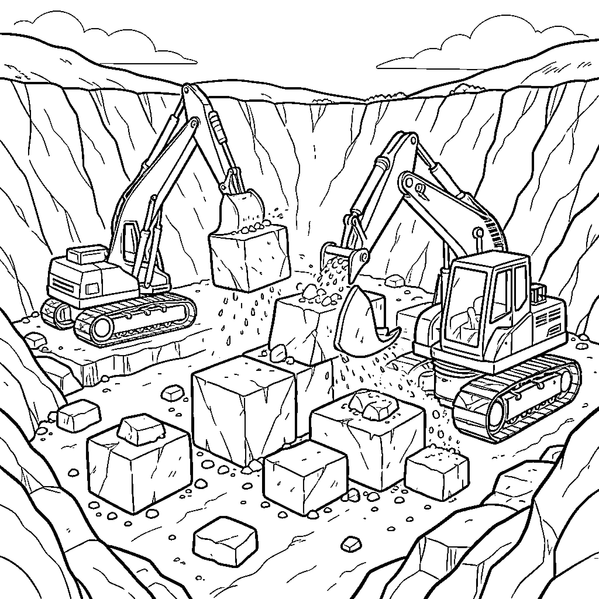 Stone Quarry Equipment moving large rocks in a pit Coloring Page (free black-and-white line drawing printable PDF for all, from beginners to advanced learners, including children, teens, adults, and seniors)