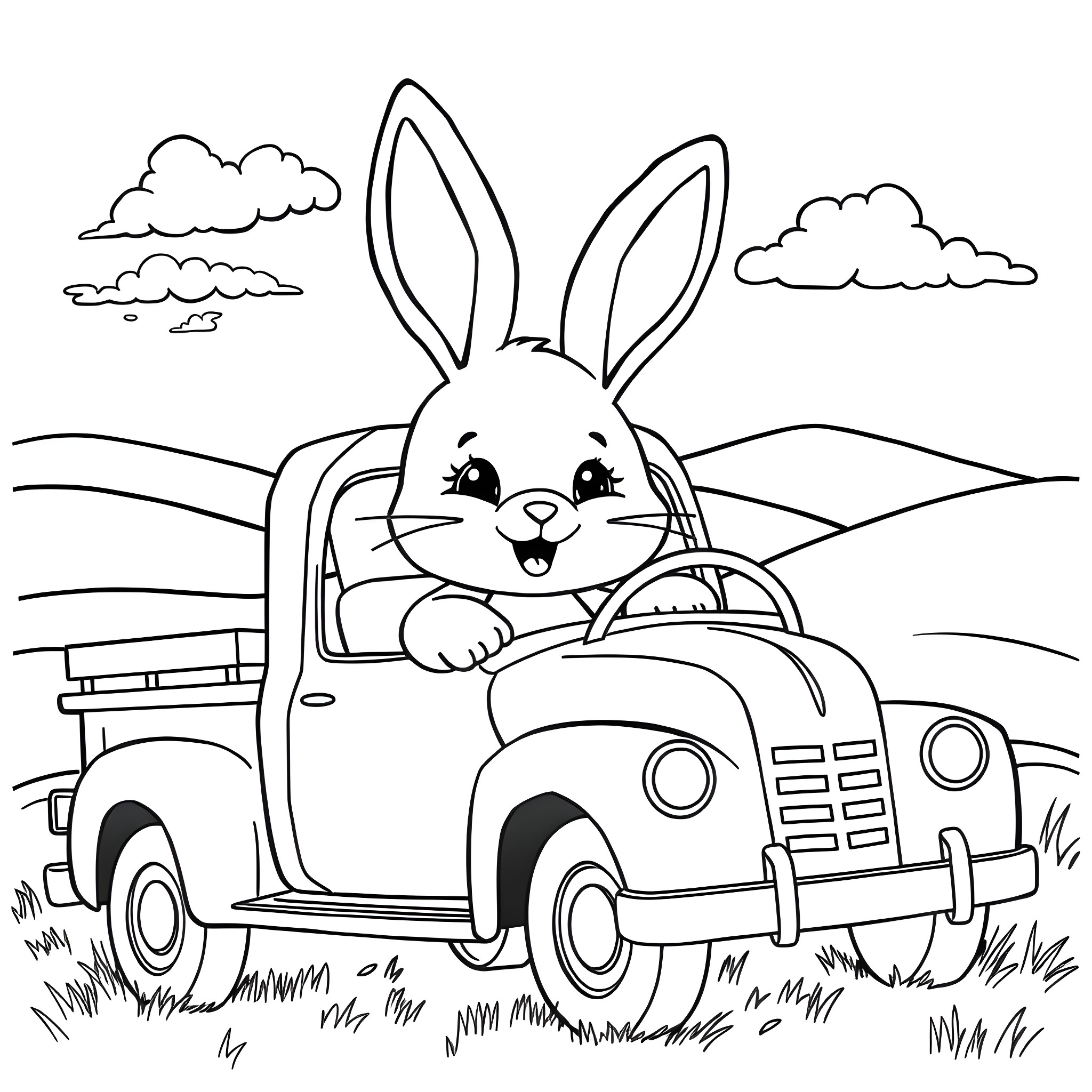 Bunny driving a vintage car through the countryside Coloring Page (free black-and-white line drawing printable PDF for all, from beginners to advanced learners, including children, teens, adults, and seniors)