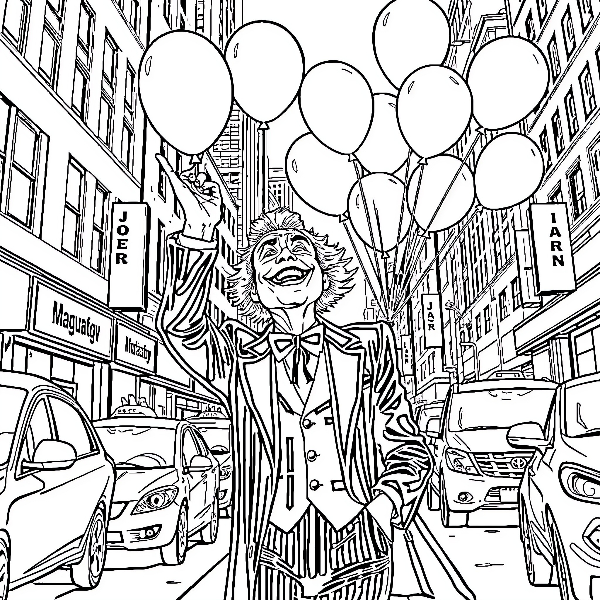 Joker's Mischievous Antics on the City Streets Coloring Page (free black-and-white line drawing printable PDF for all, from beginners to advanced learners, including children, teens, adults, and seniors)