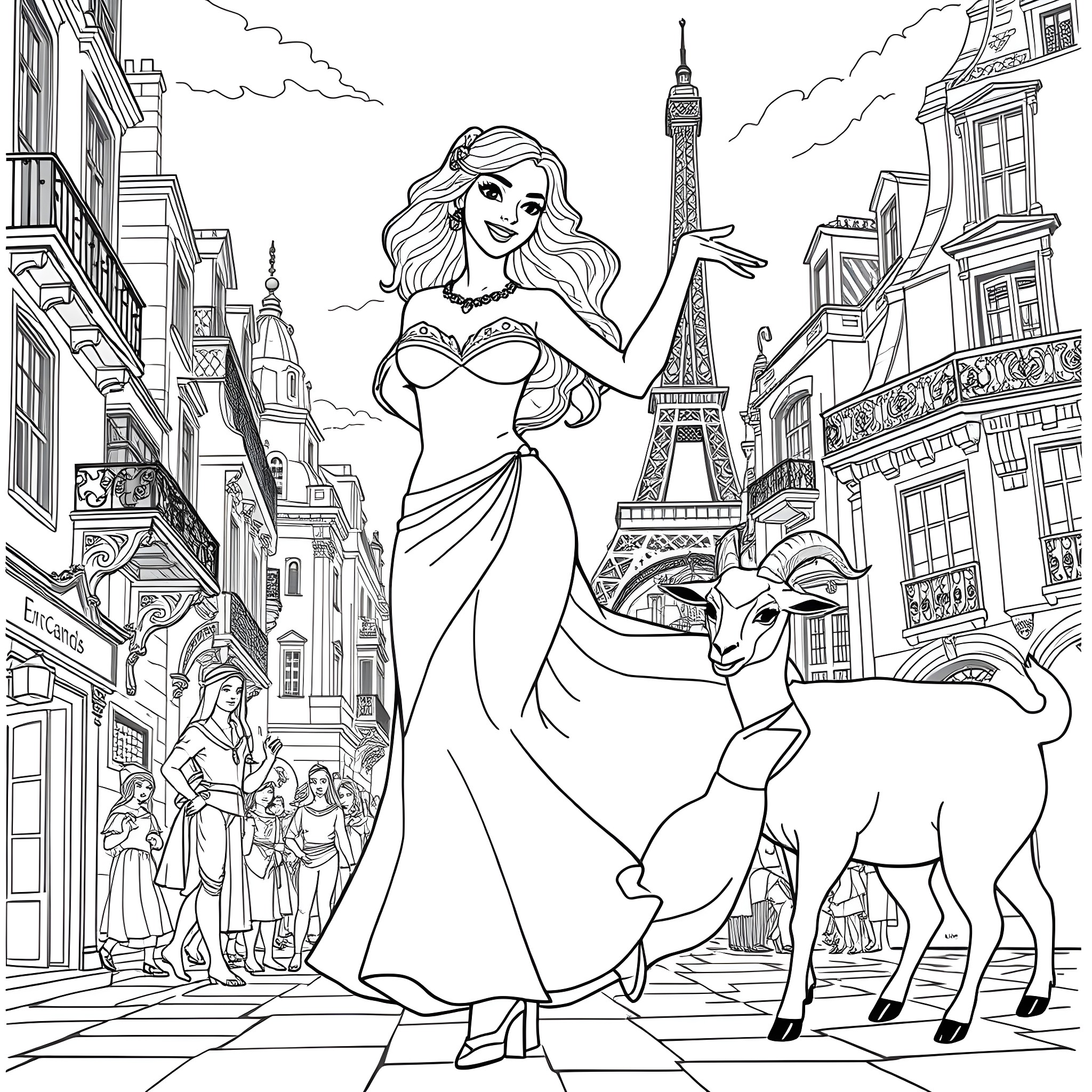 Esmeralda's Enchanting Parisian Adventure Coloring Page (free black-and-white line drawing printable PDF for all, from beginners to advanced learners, including children, teens, adults, and seniors)