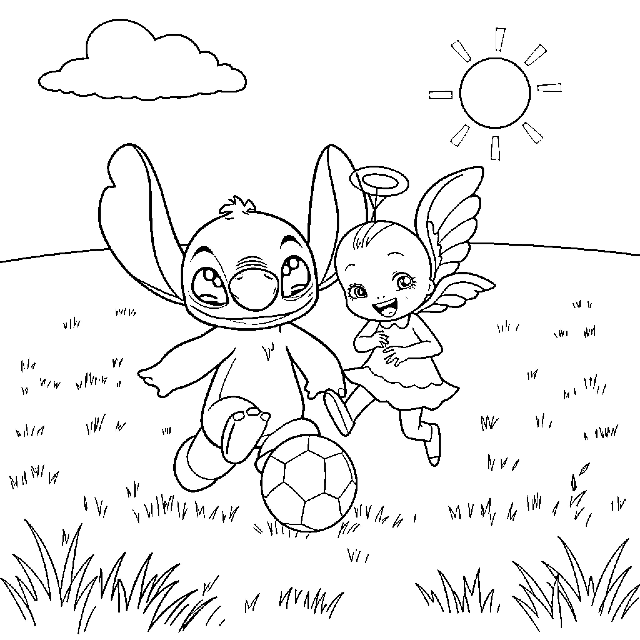 Stitch playing with fairy in the meadow Coloring Page (free black-and-white line drawing printable PDF for all, from beginners to advanced learners, including children, teens, adults, and seniors)