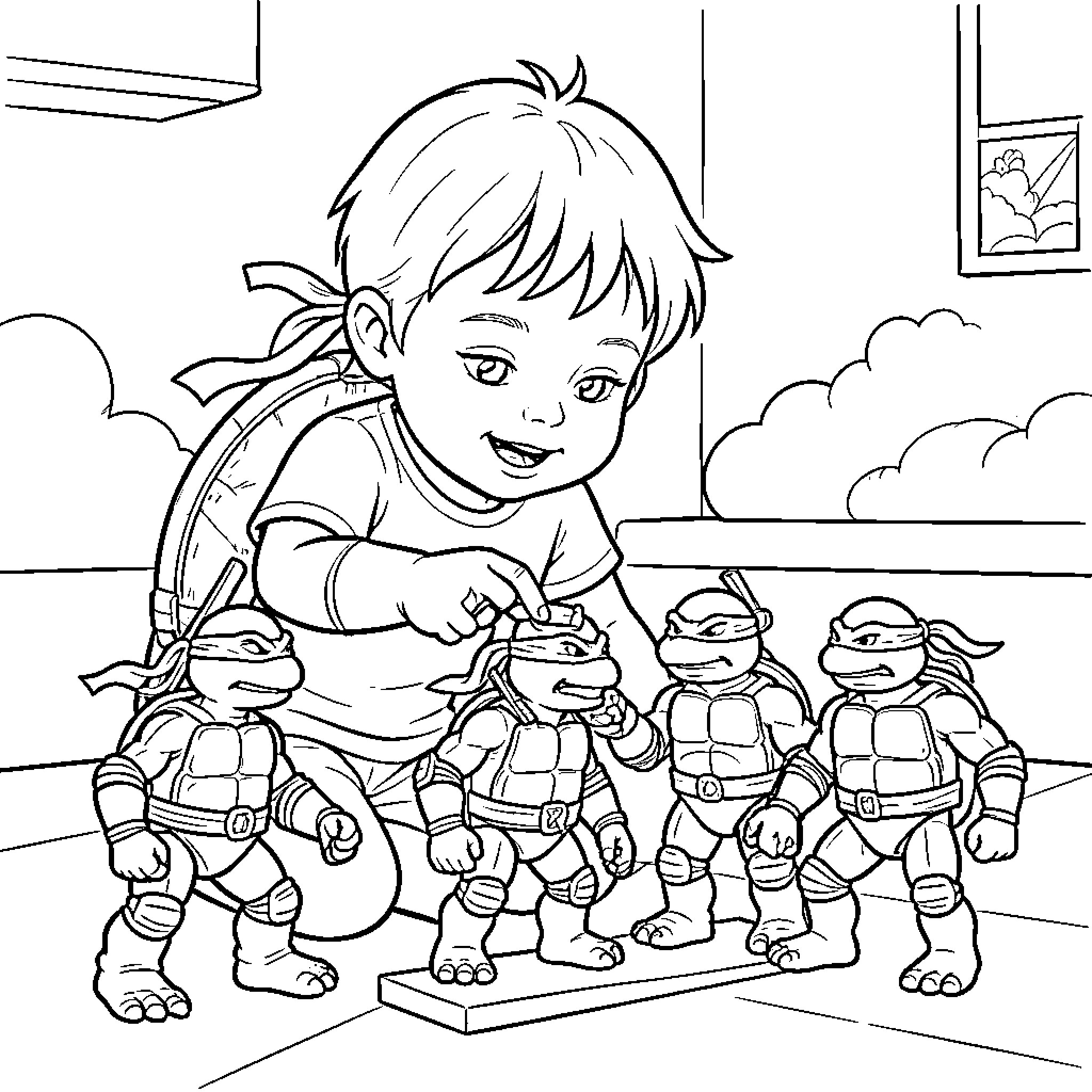 Teenage Mutant Ninja Turtles figures being played with by a child Coloring Page (free black-and-white line drawing printable PDF for all, from beginners to advanced learners, including children, teens, adults, and seniors)