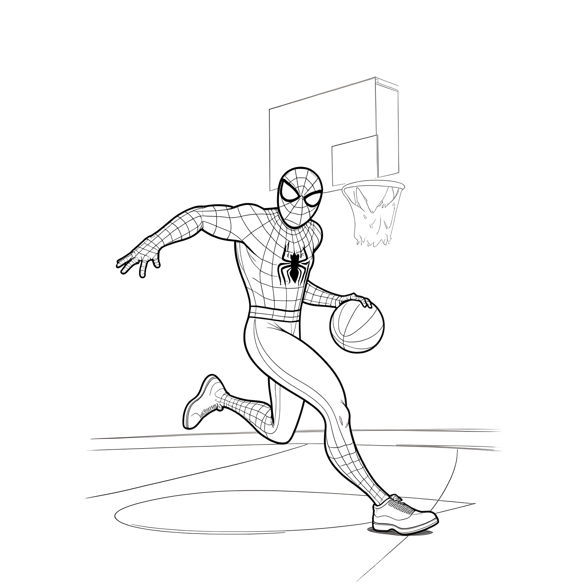 Spider-Man Playing Basketball with Determination Coloring Page (free black-and-white line drawing printable PDF for all, from beginners to advanced learners, including children, teens, adults, and seniors)