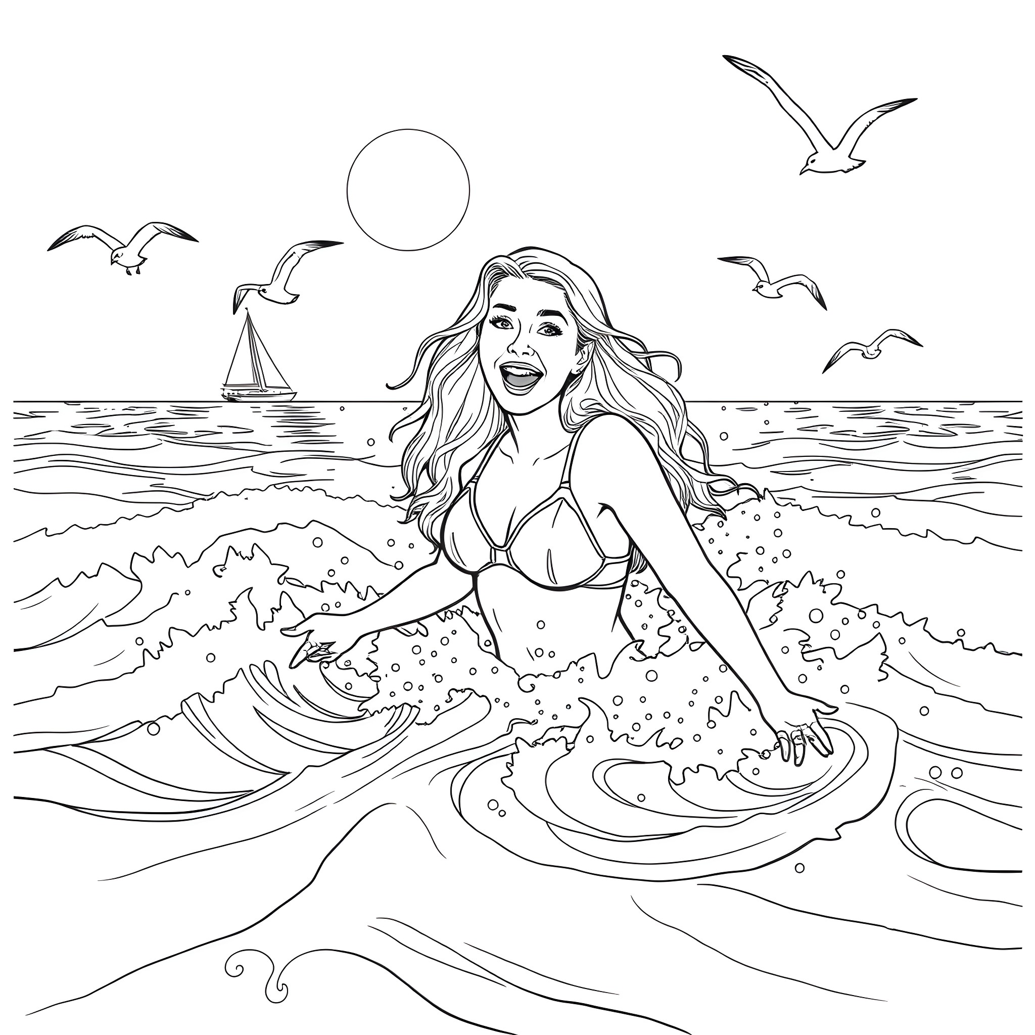 Amy Adams as a happy mermaid in the ocean Coloring Page (free black-and-white line drawing printable PDF for all, from beginners to advanced learners, including children, teens, adults, and seniors)