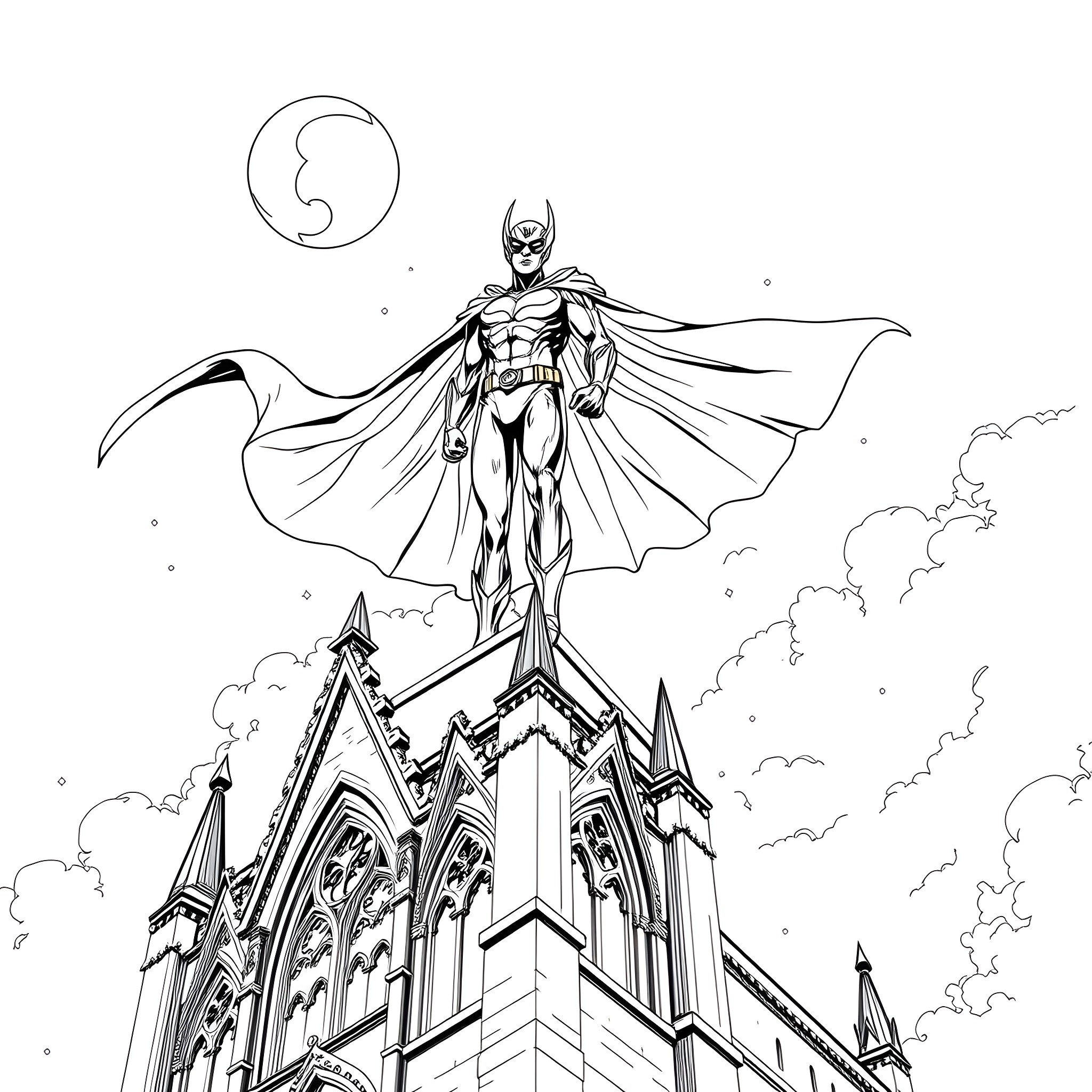 Moonwing Hero Soaring Over Gothic Cathedral Coloring Page (free black-and-white line drawing printable PDF for all, from beginners to advanced learners, including children, teens, adults, and seniors)